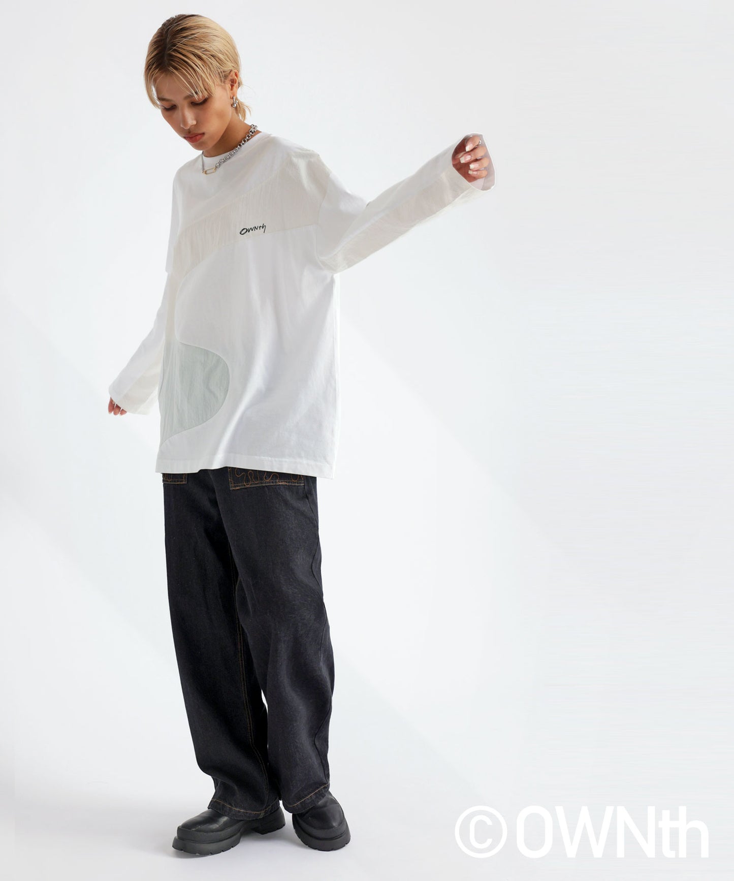 Wave line Docking Long T-shirt Unisex