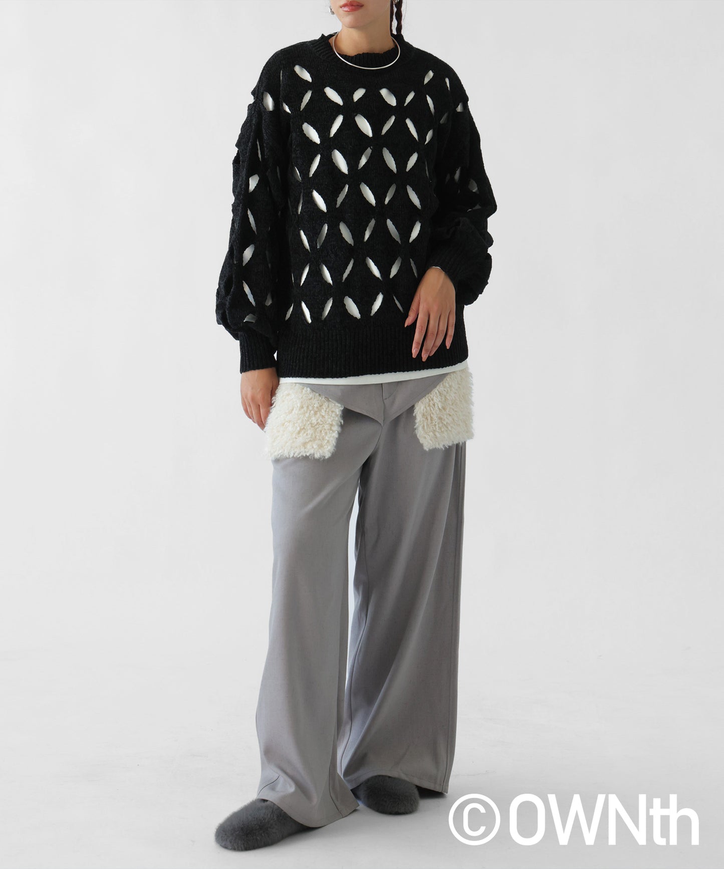 OWNth Diamond Pattern Cutout Crew Neck Knit Tops Ladies