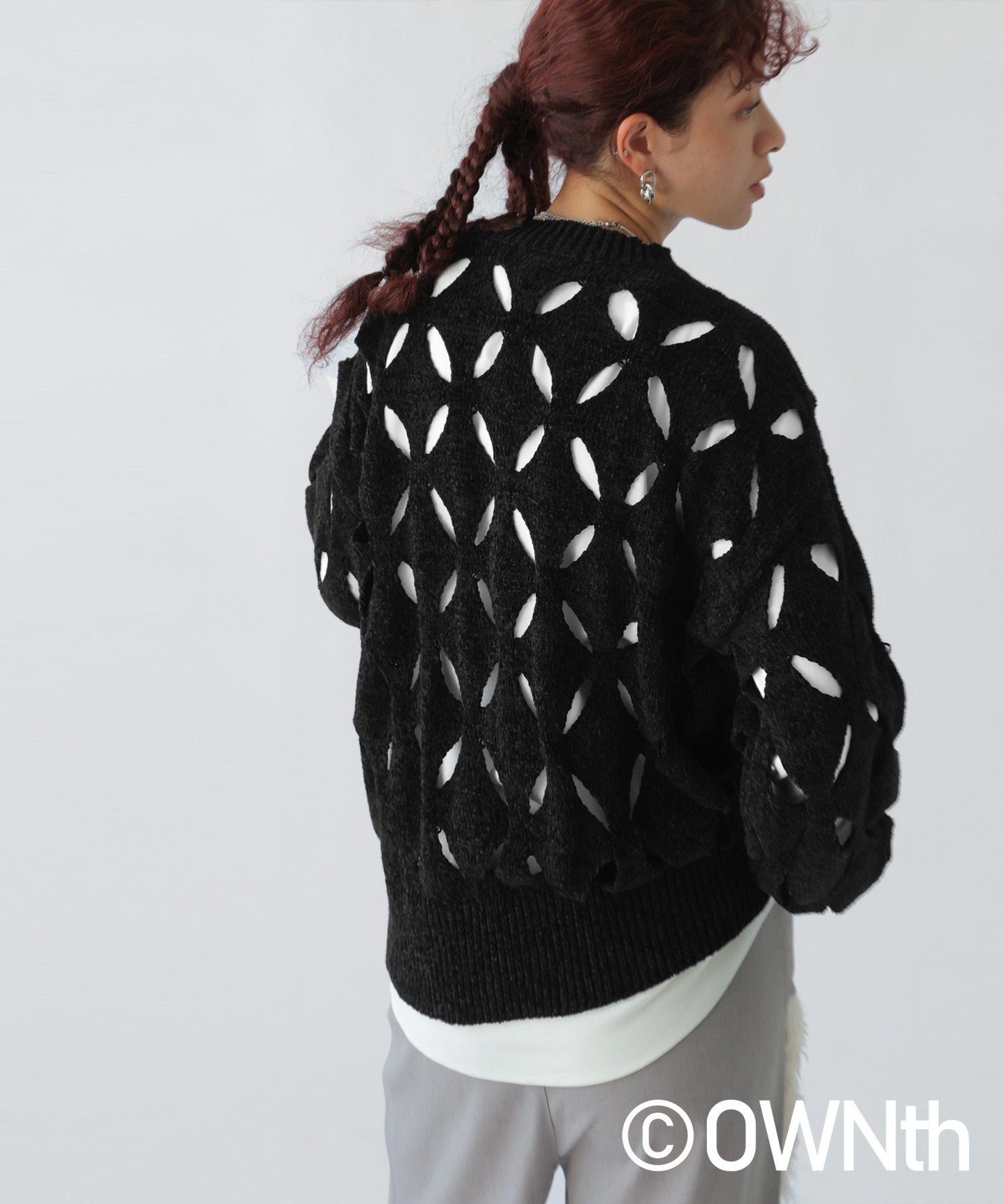 OWNth Diamond Pattern Cutout Crew Neck Knit Tops Ladies