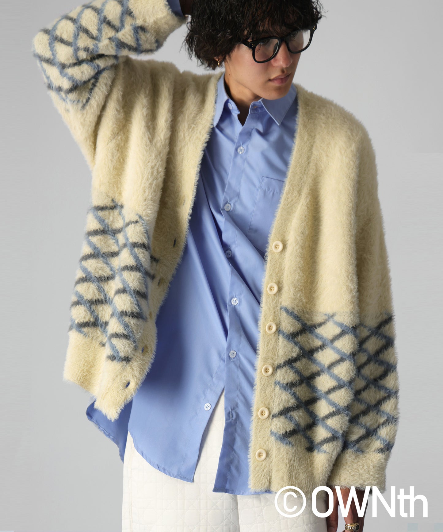 Diamond Plaid Shaggy Knit Cardigan Unisex