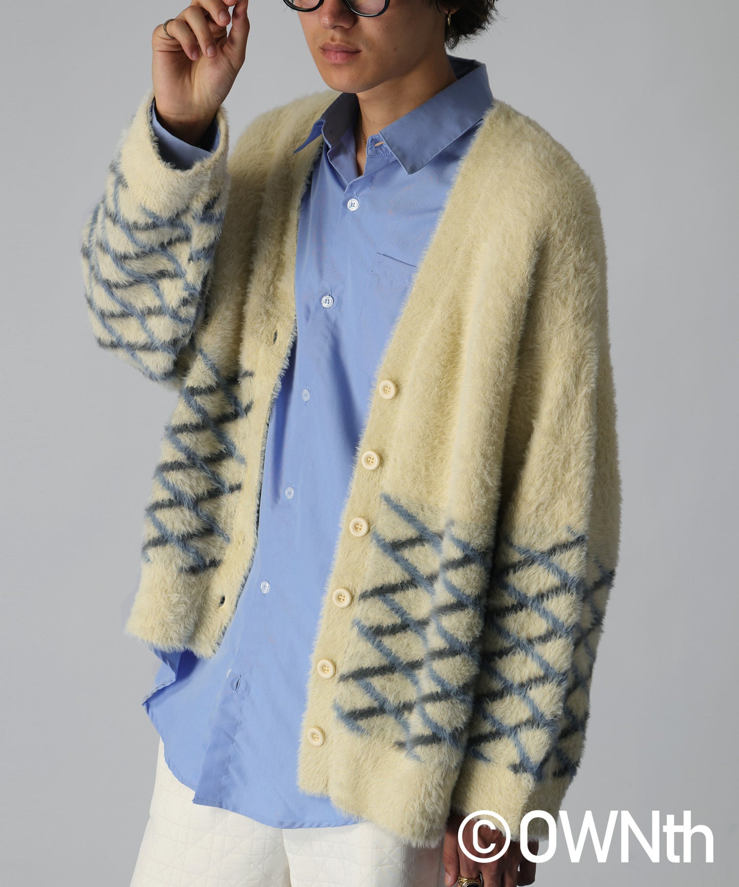 Diamond Plaid Shaggy Knit Cardigan Unisex