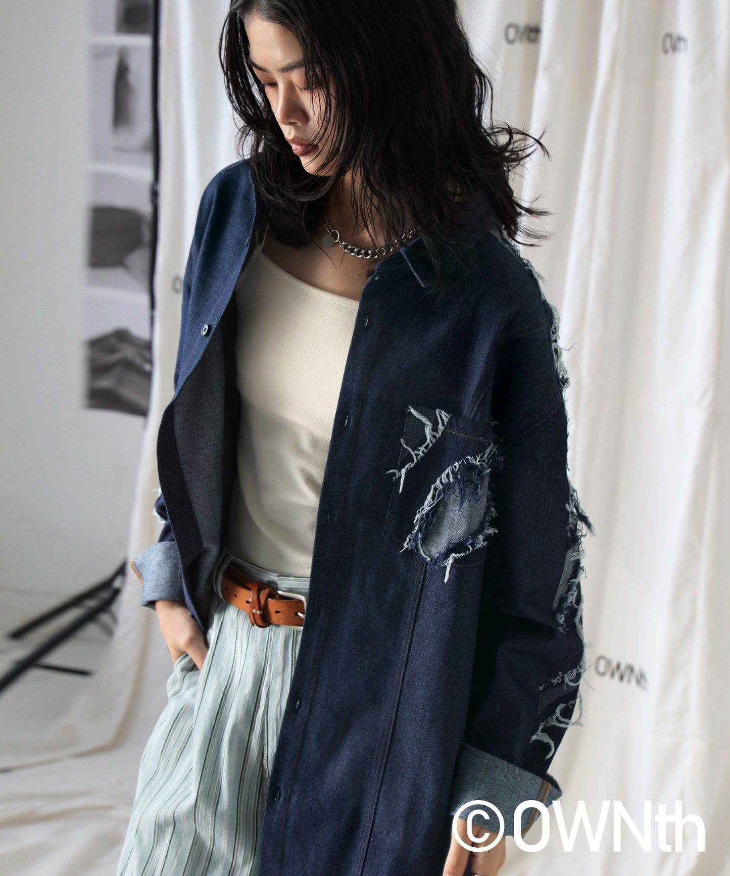 Denim Switching Shirt Tops Unisex