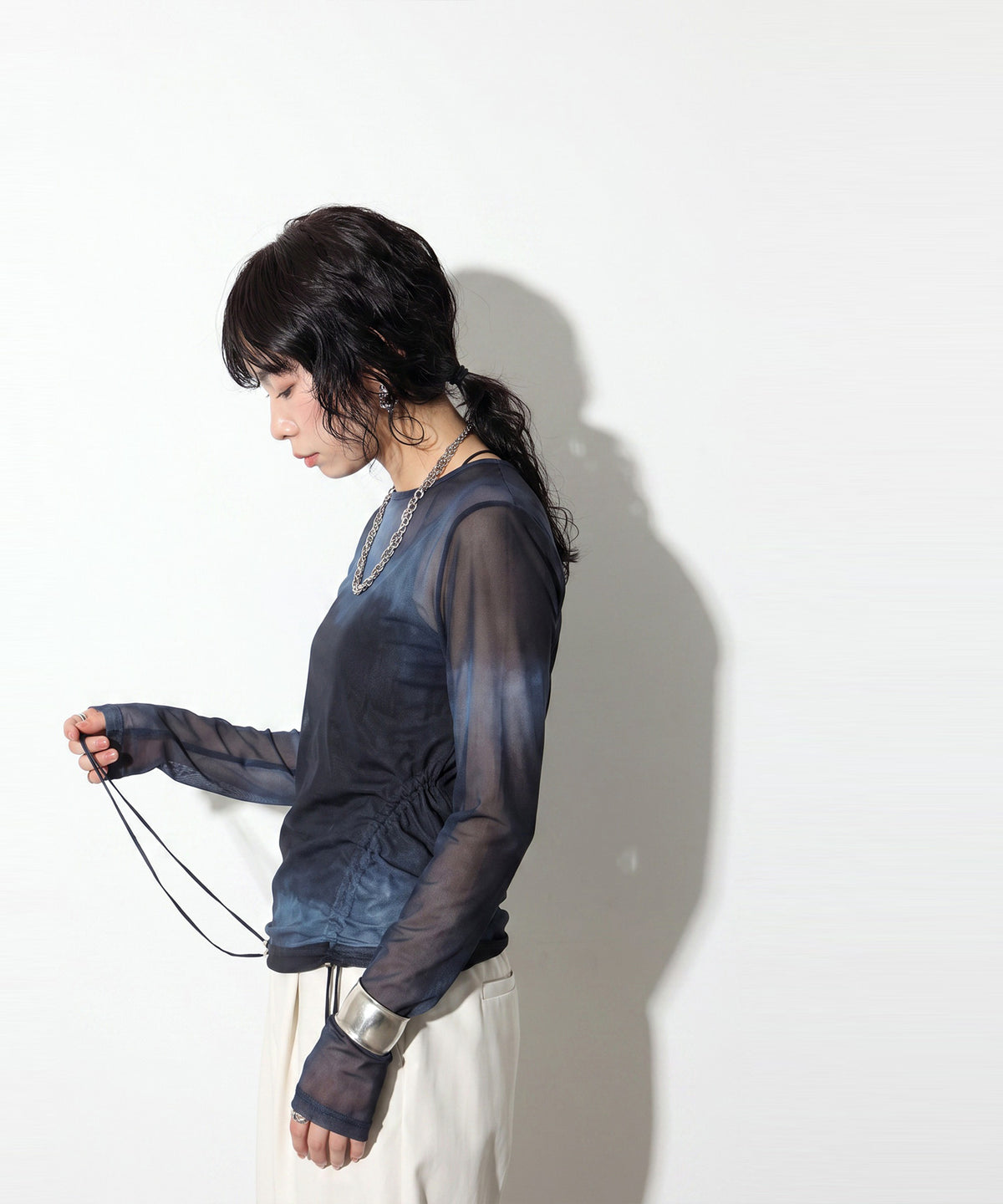 OWNth Nuanced Pattern Drawstring Mesh Sheer Top Ladies