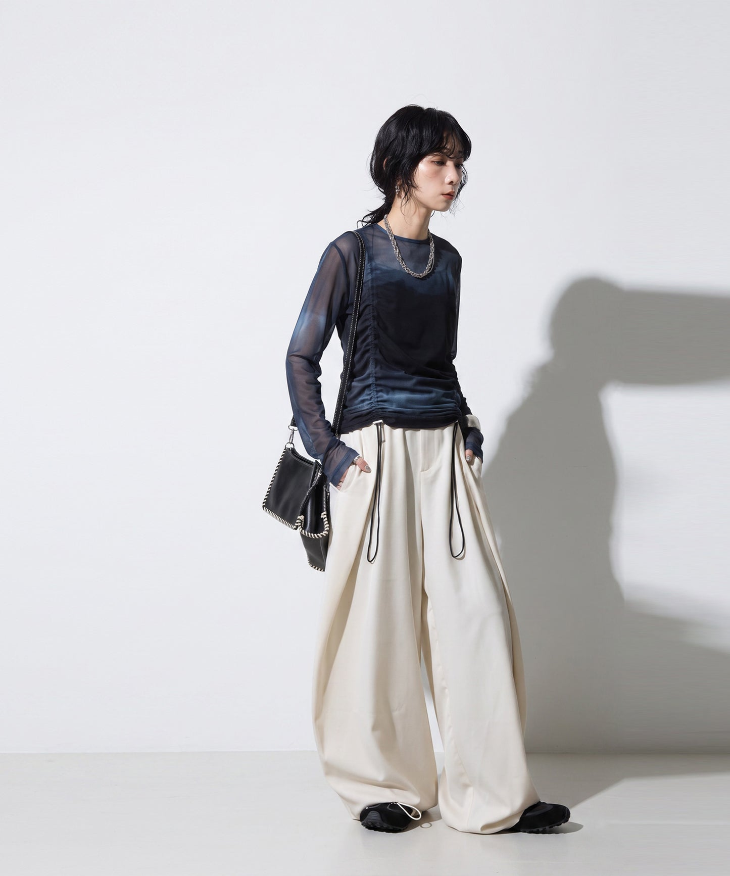 OWNth Nuanced Pattern Drawstring Mesh Sheer Top Ladies