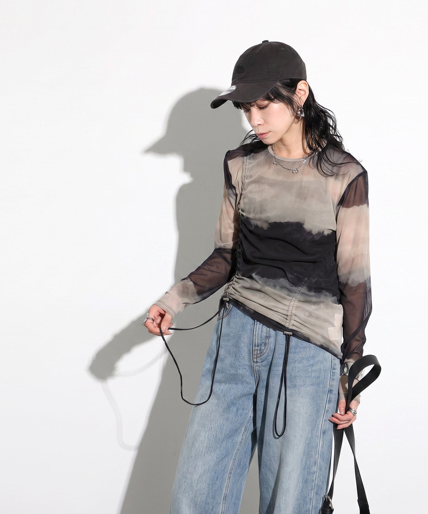 OWNth Nuanced Pattern Drawstring Mesh Sheer Top Ladies