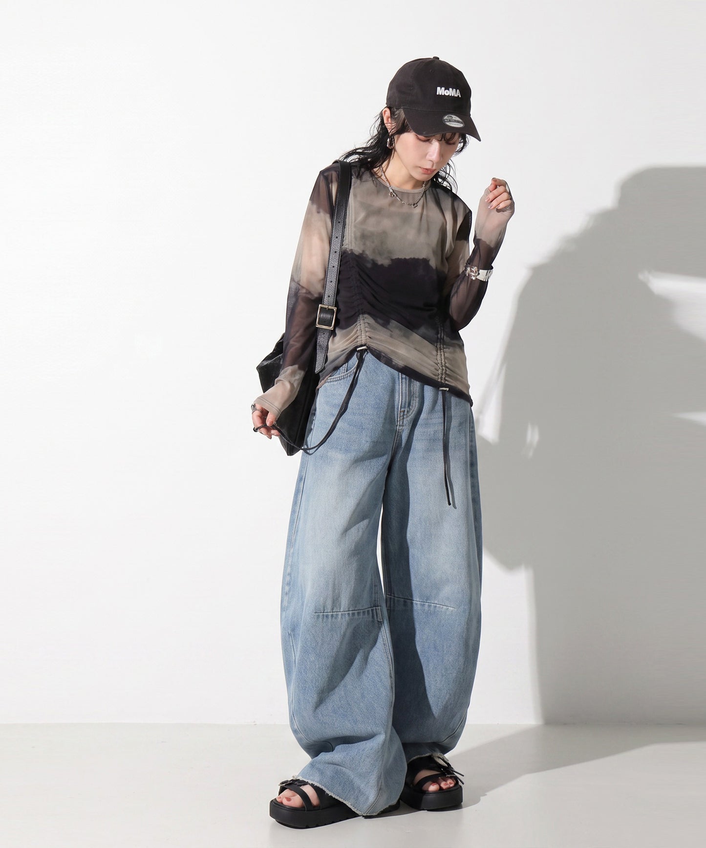 OWNth Nuanced Pattern Drawstring Mesh Sheer Top Ladies