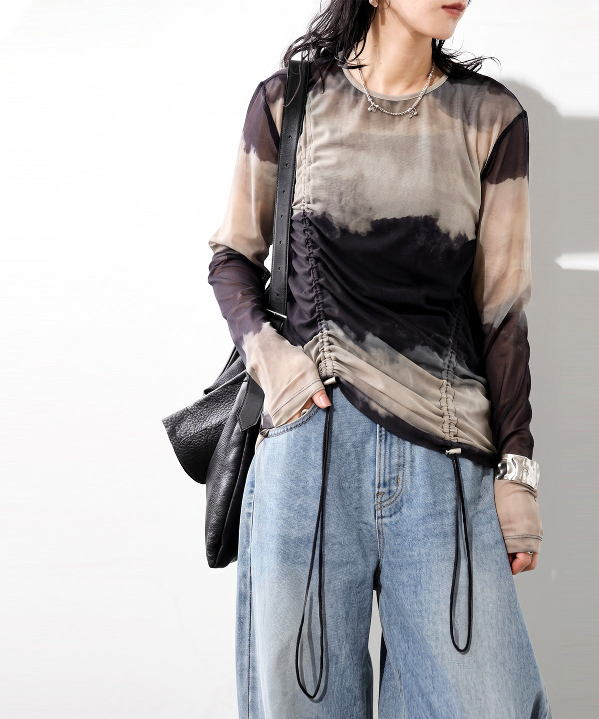 OWNth Nuanced Pattern Drawstring Mesh Sheer Top Ladies