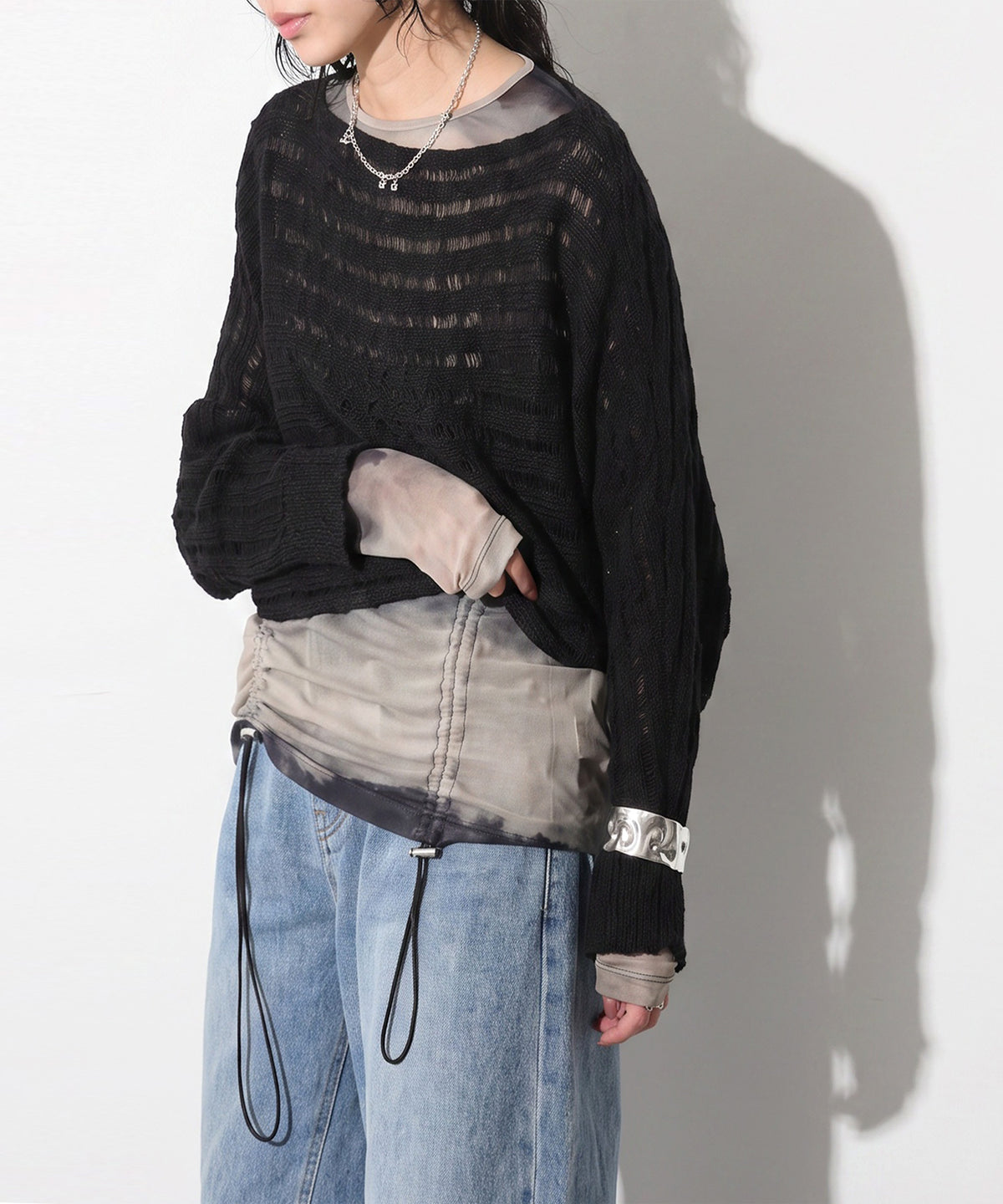 OWNth Nuanced Pattern Drawstring Mesh Sheer Top Ladies