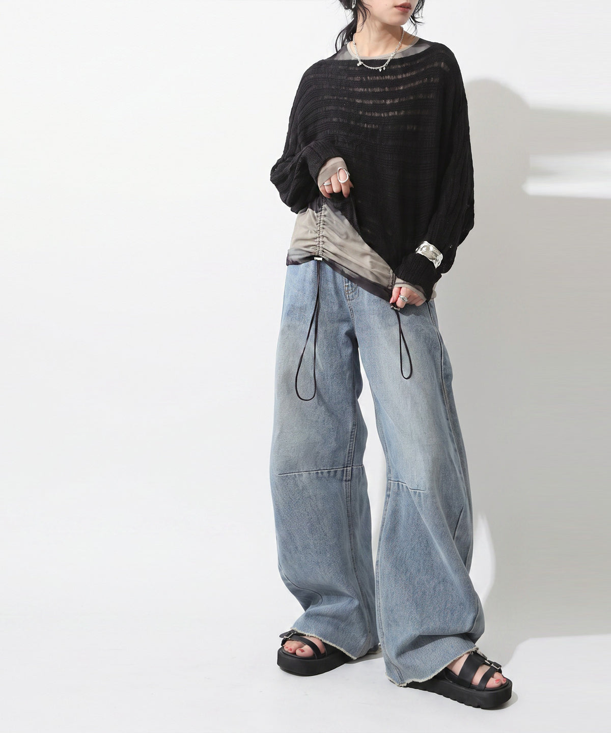 OWNth Nuanced Pattern Drawstring Mesh Sheer Top Ladies