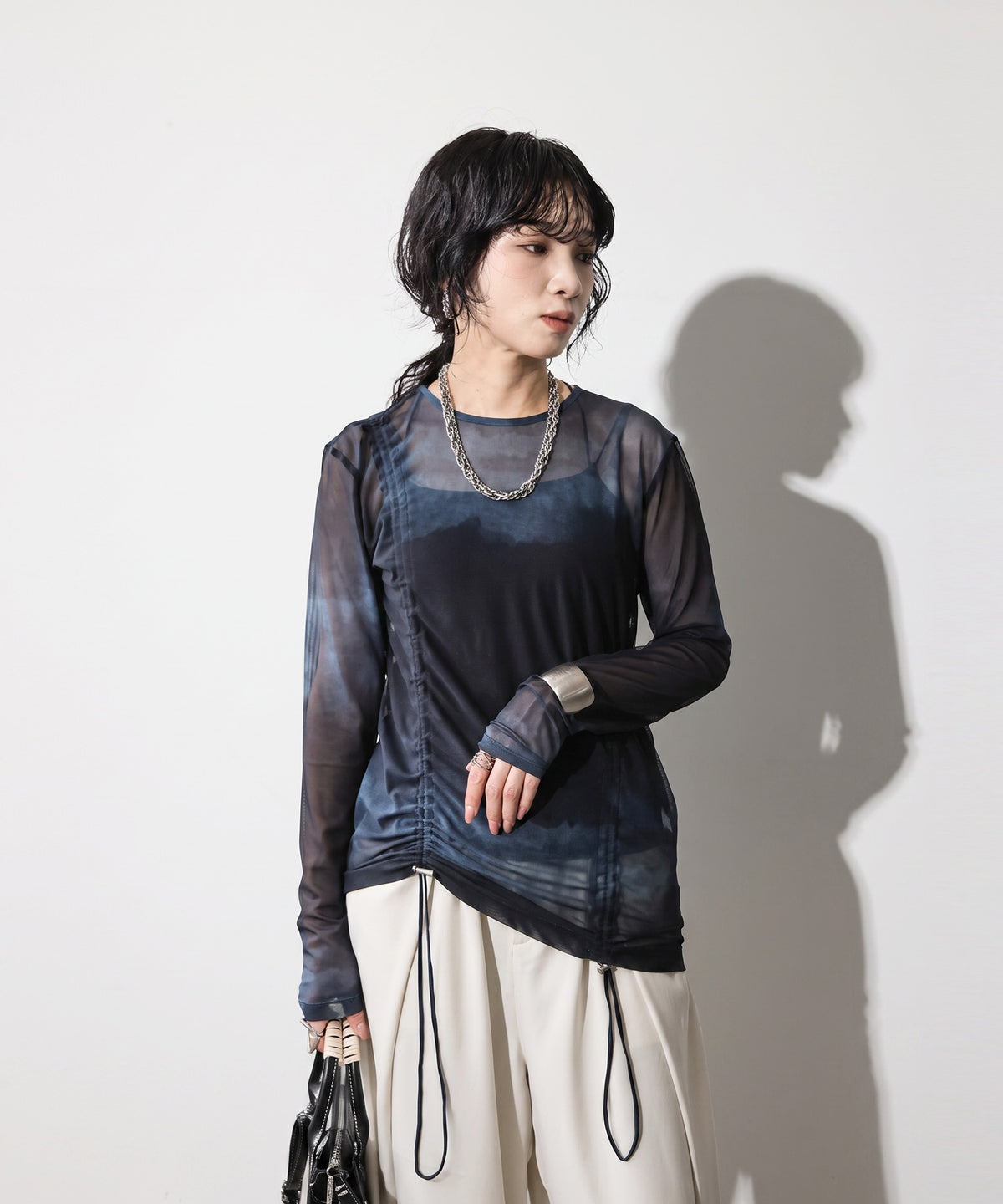 OWNth Nuanced Pattern Drawstring Mesh Sheer Top Ladies