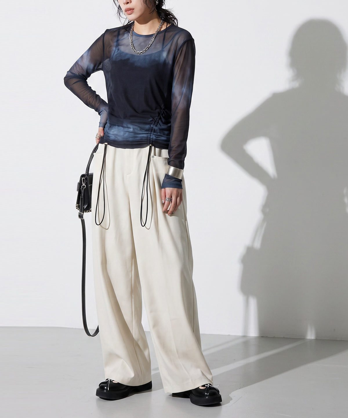 OWNth Nuanced Pattern Drawstring Mesh Sheer Top Ladies