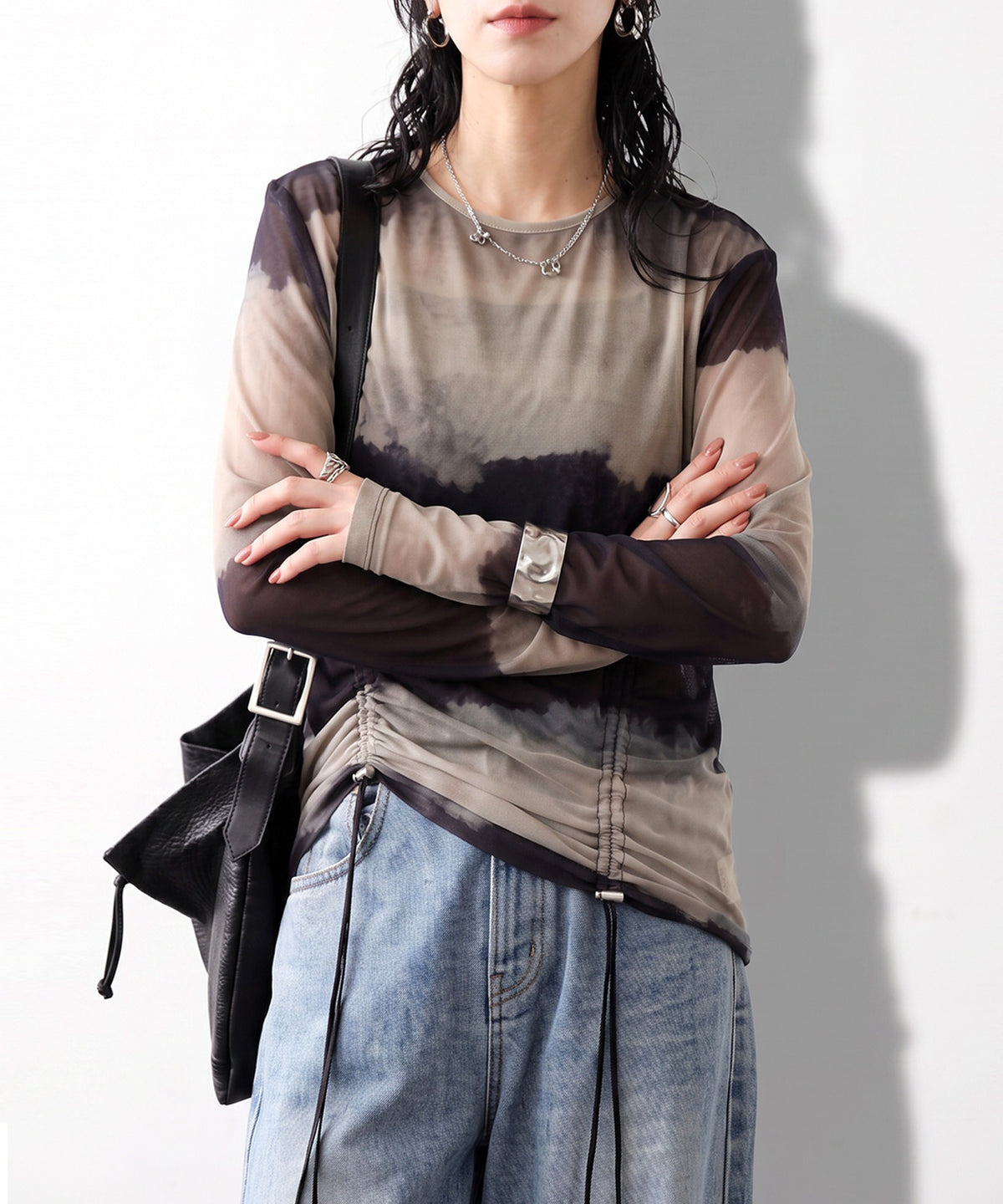 OWNth Nuanced Pattern Drawstring Mesh Sheer Top Ladies