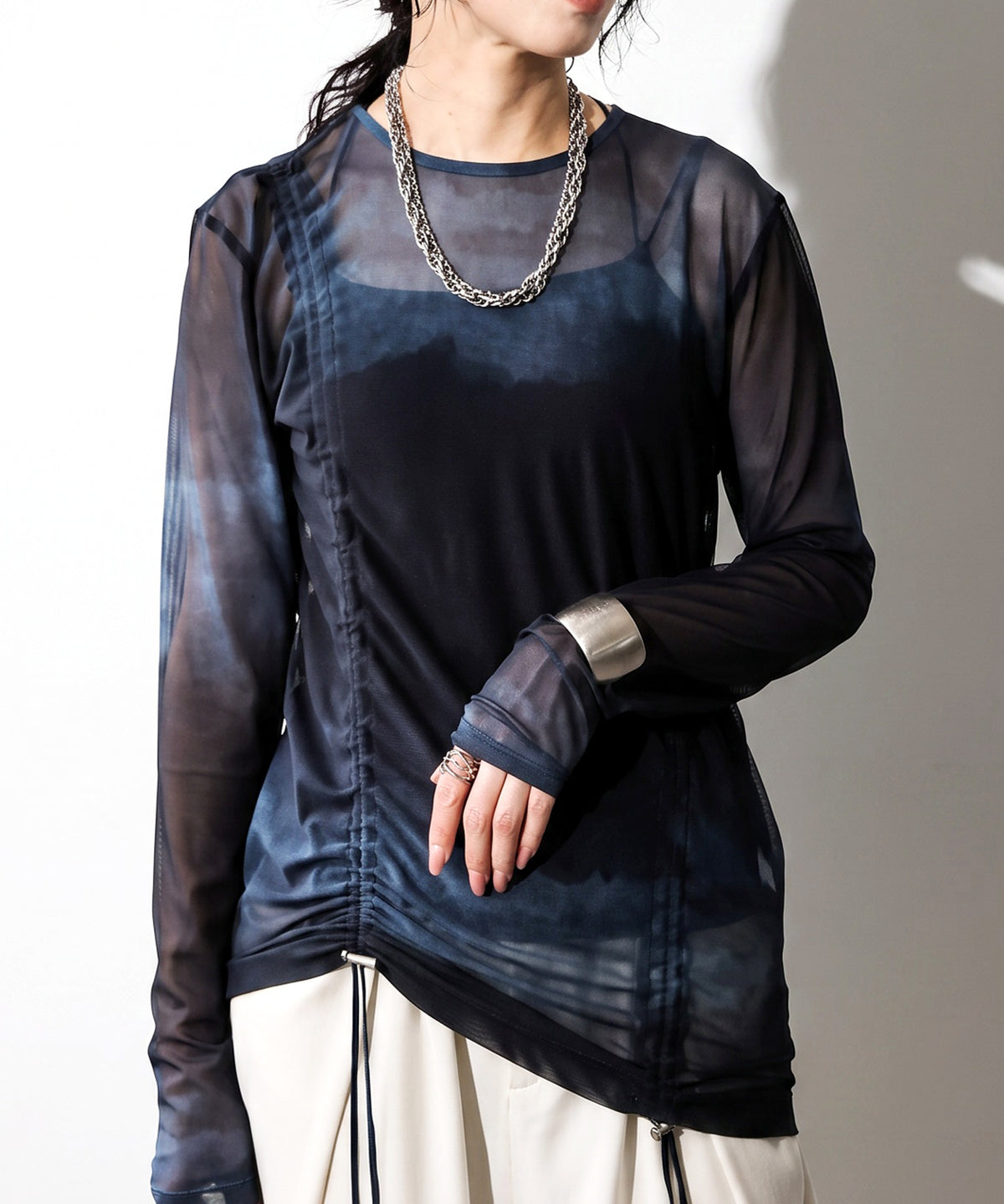 OWNth Nuanced Pattern Drawstring Mesh Sheer Top Ladies