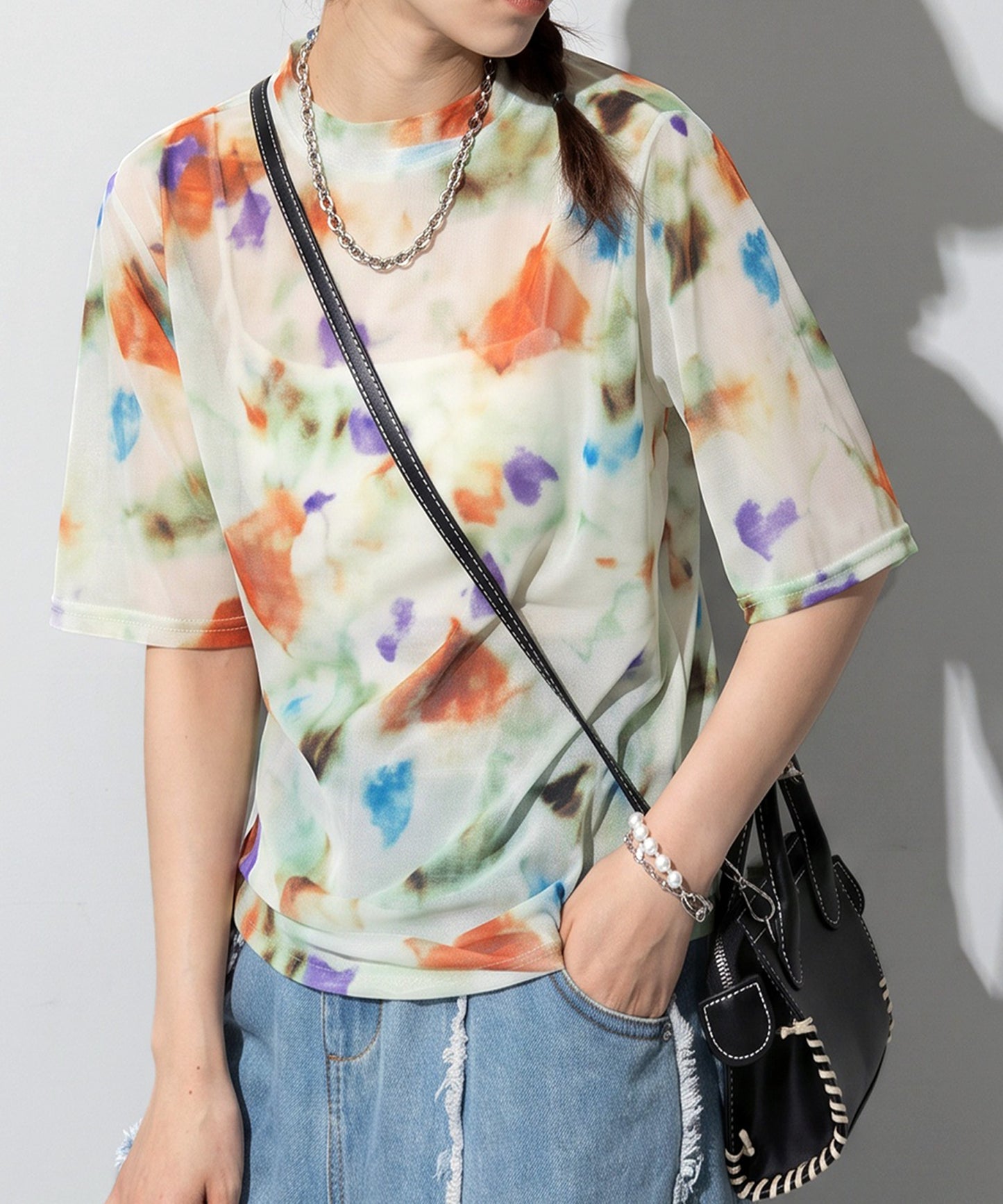 OWNth Watercolor Print Art Print Sheer Cut And Sew Top Ladies