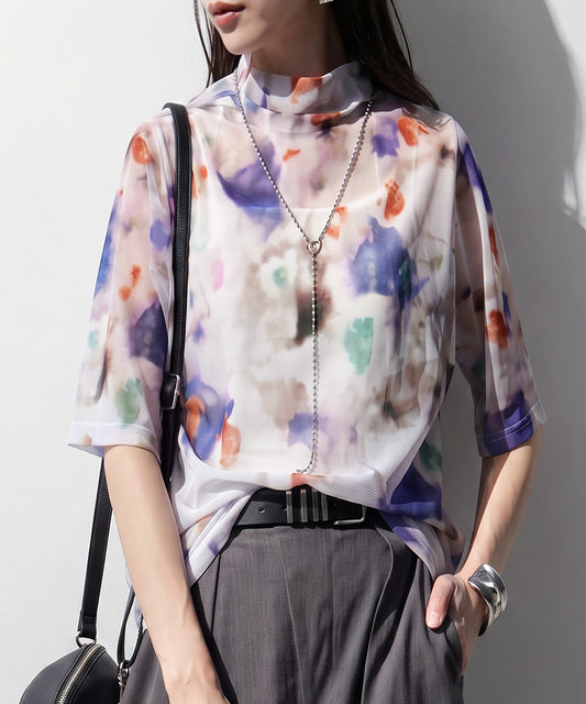 OWNth Watercolor Print Art Print Sheer Cut And Sew Top Ladies