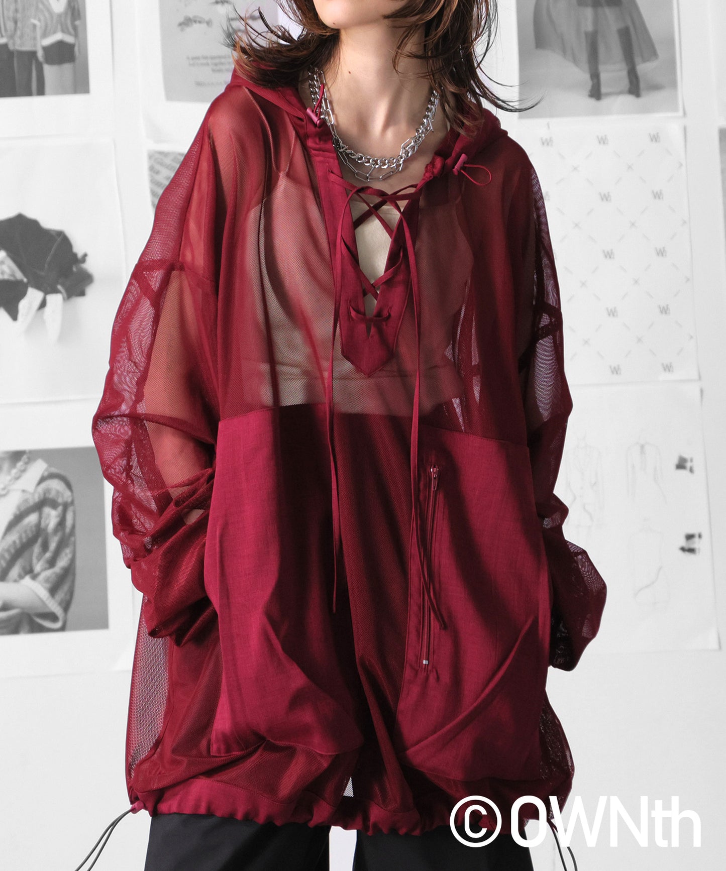 Gathered Sleeve Mesh Pullover Ladies