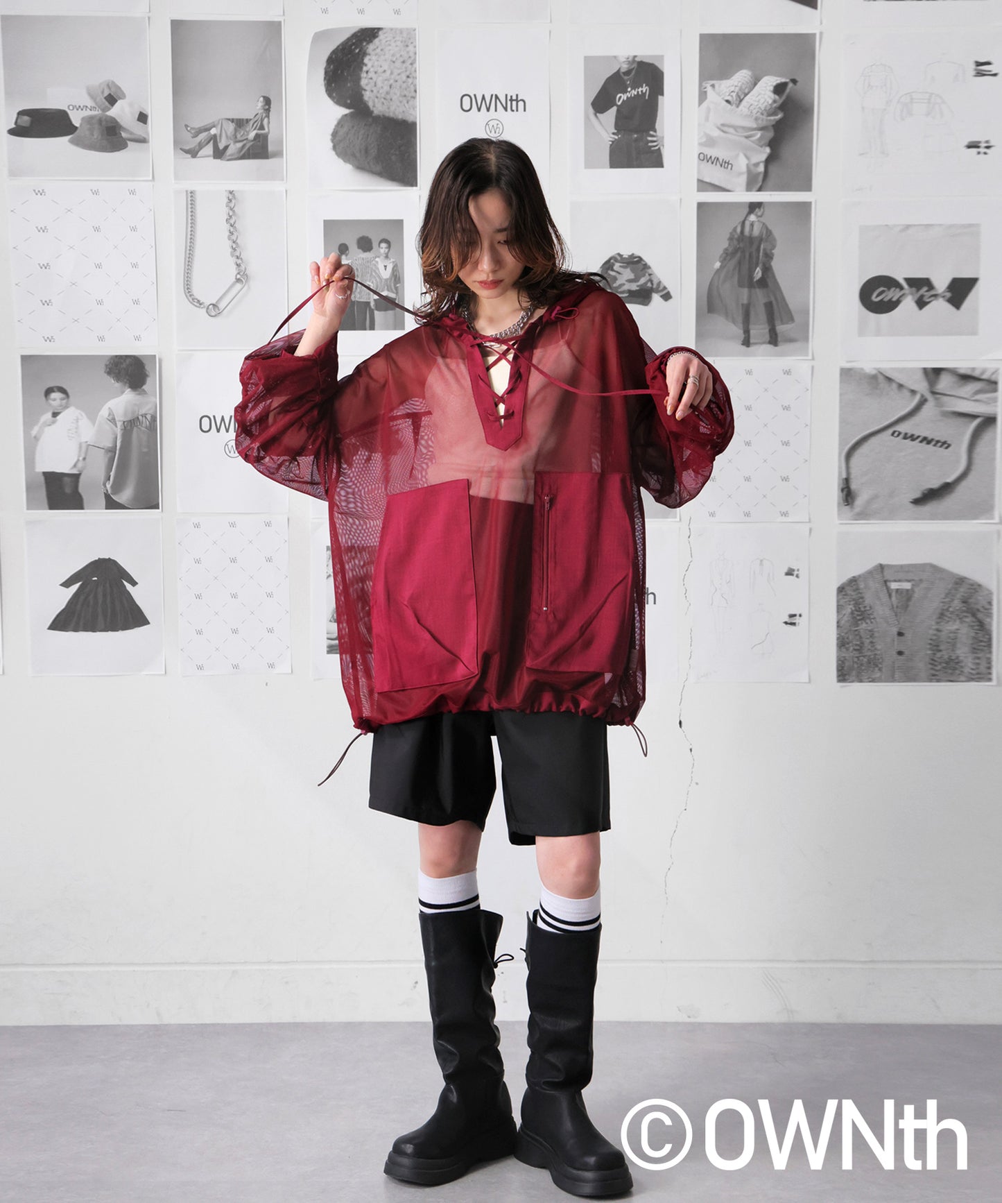 Gathered Sleeve Mesh Pullover Ladies