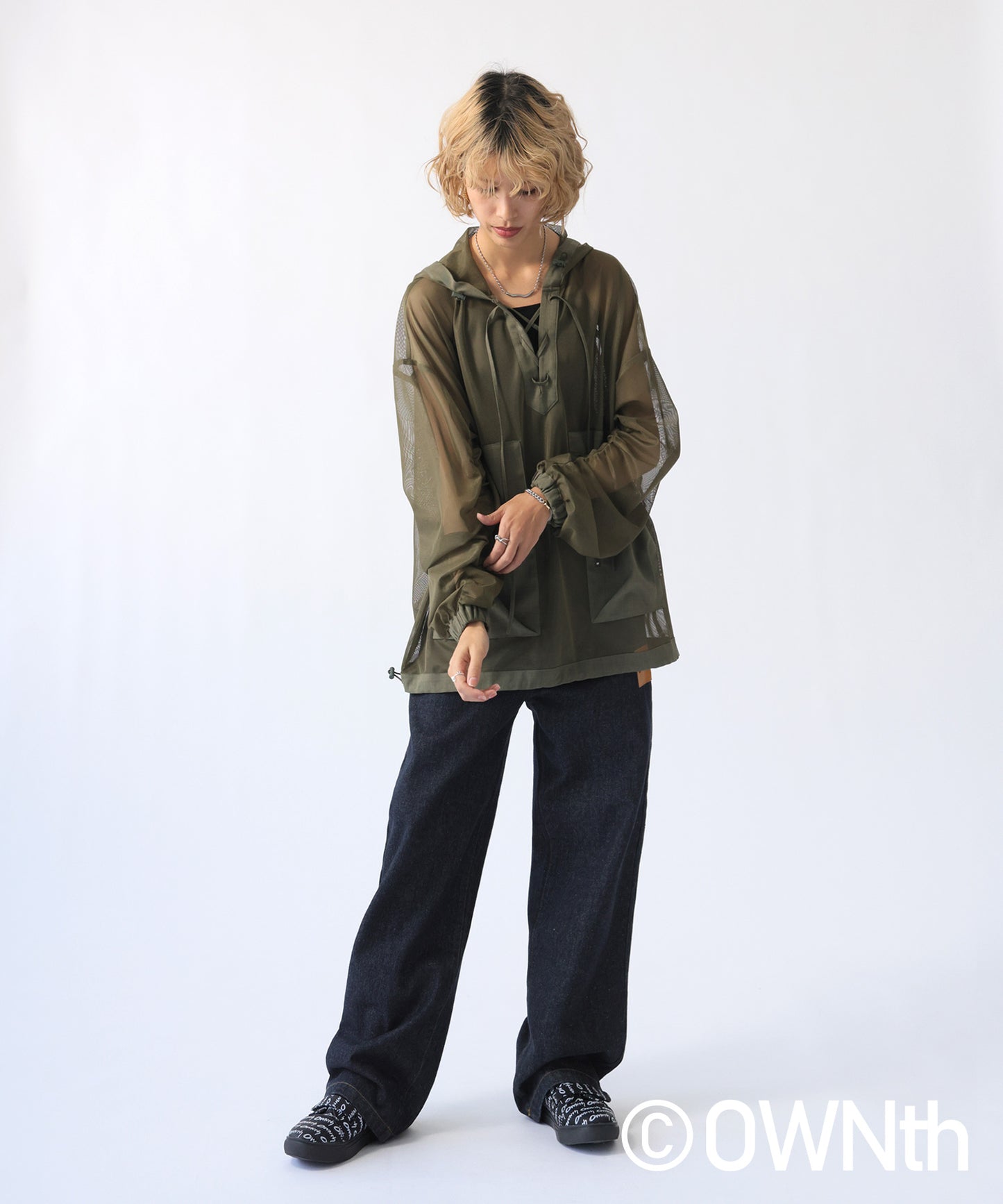 Gathered Sleeve Mesh Pullover Ladies