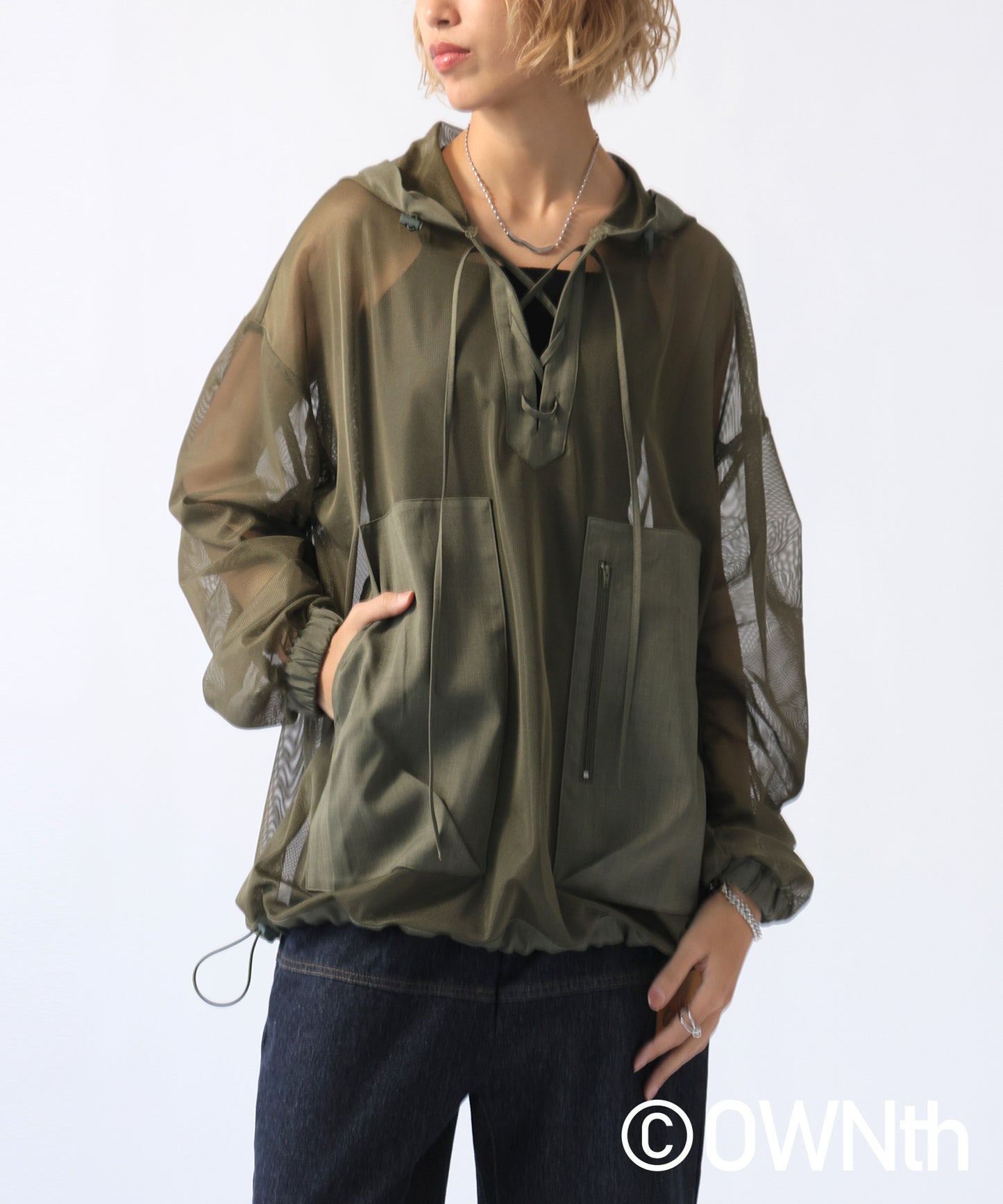 Gathered Sleeve Mesh Pullover Ladies