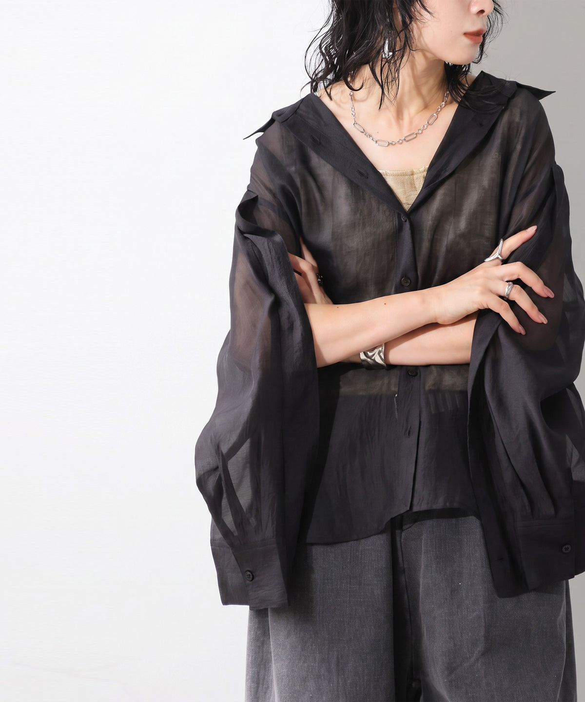 OWNth Zippered Sleeve Sheer Shirt Ladies