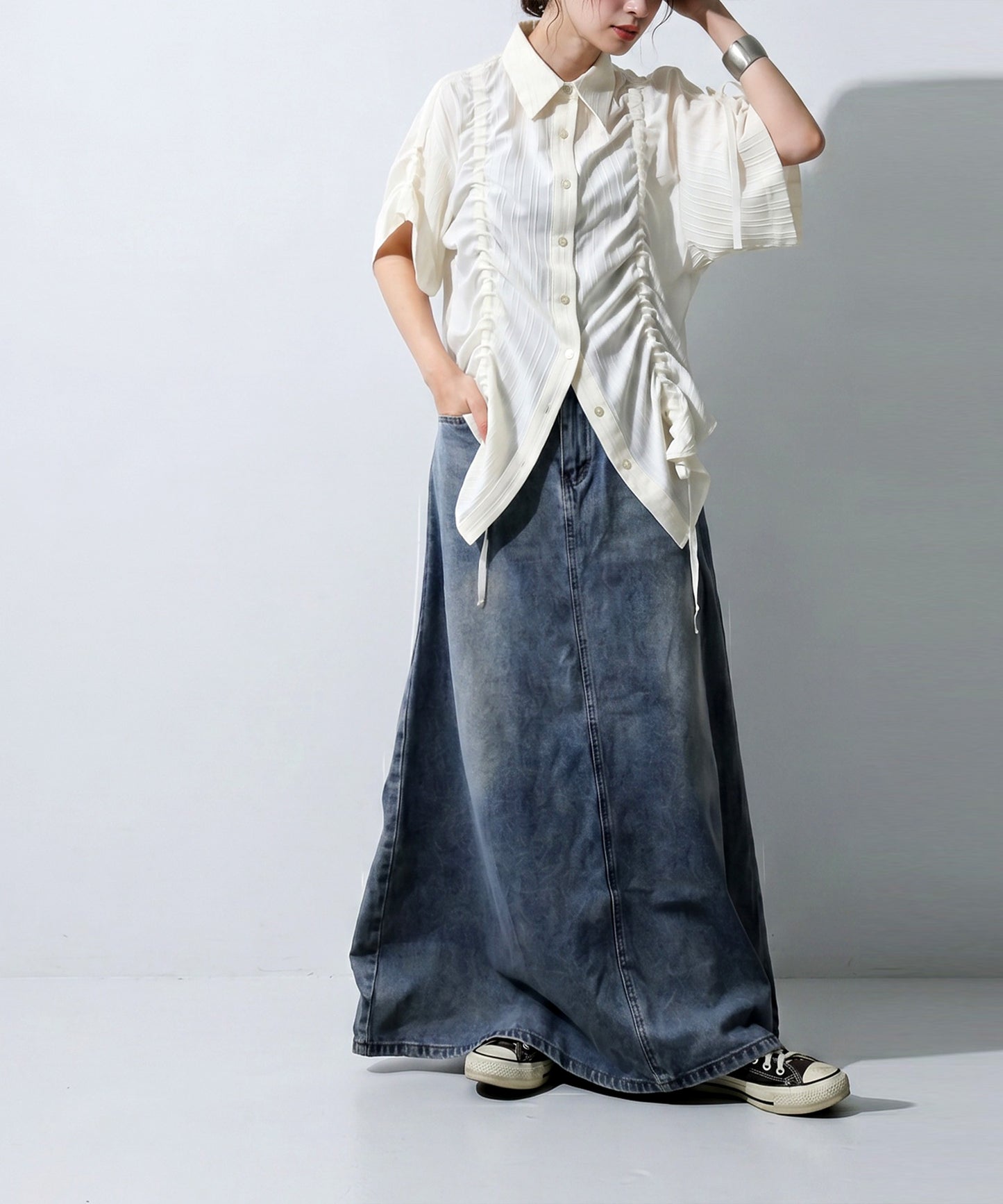 OWNth Gathered 2-Way Shirring Shirt Ladies