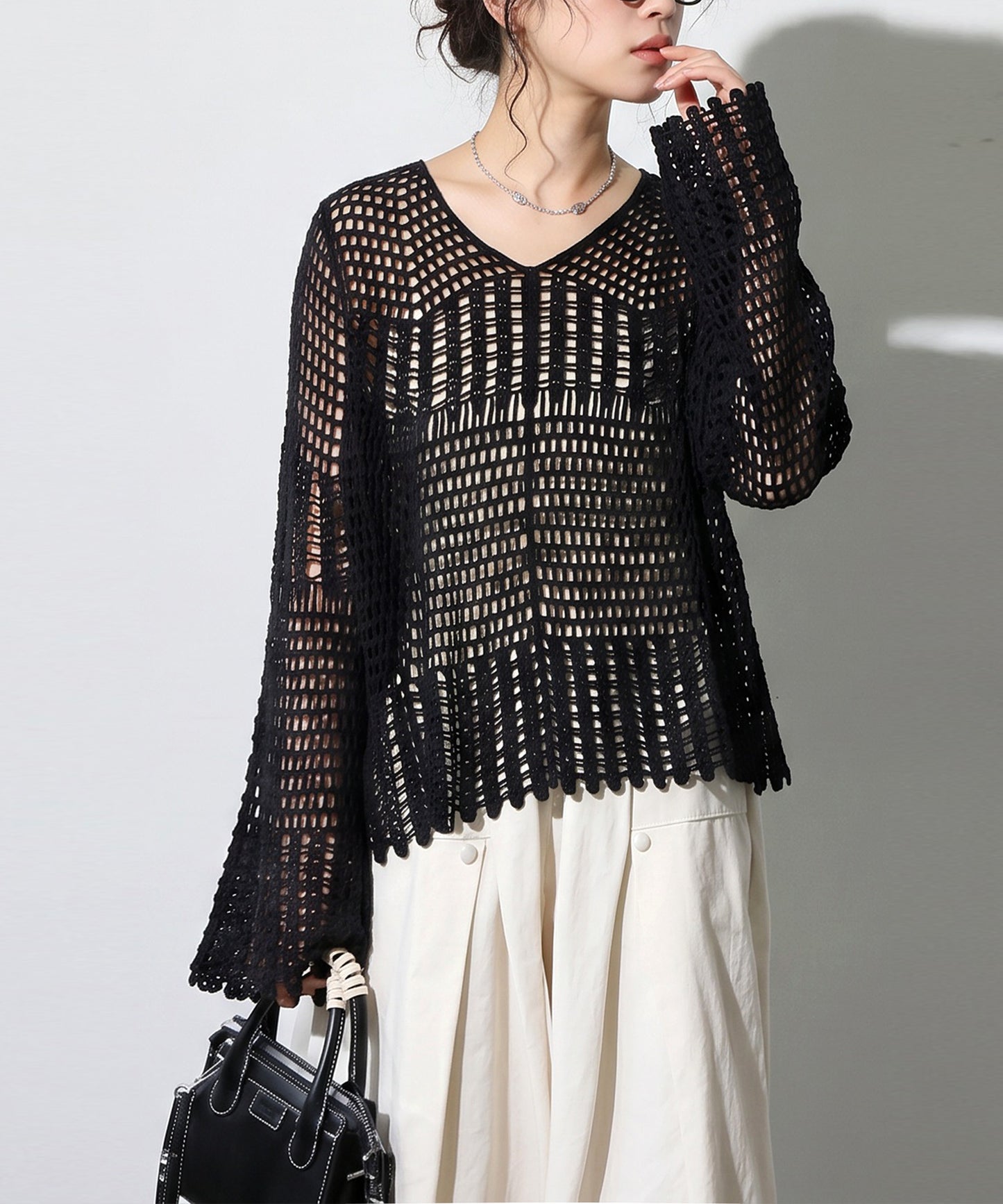 Openwork V-Neck Knit Sweater Ladies