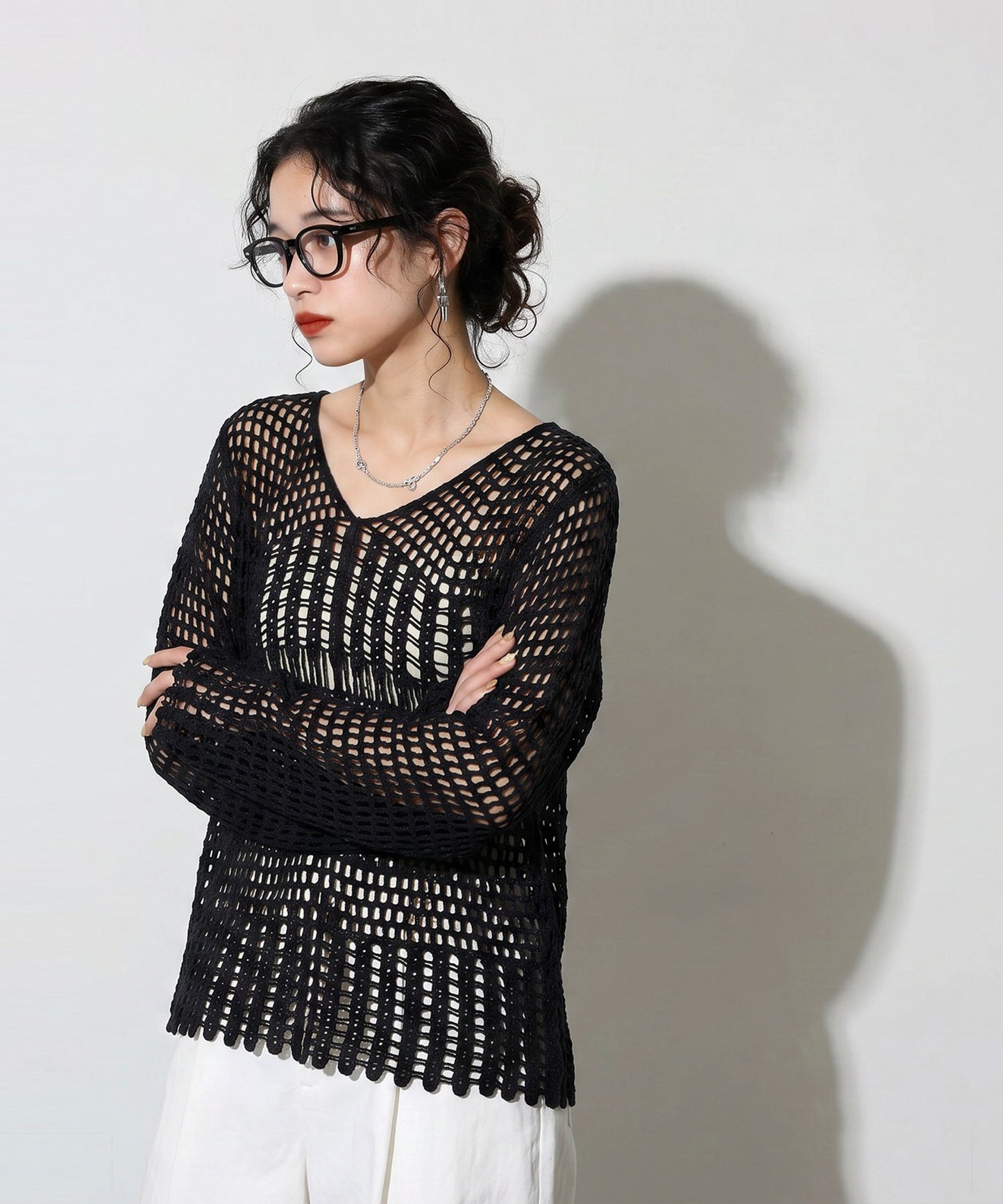 Openwork V-Neck Knit Sweater Ladies
