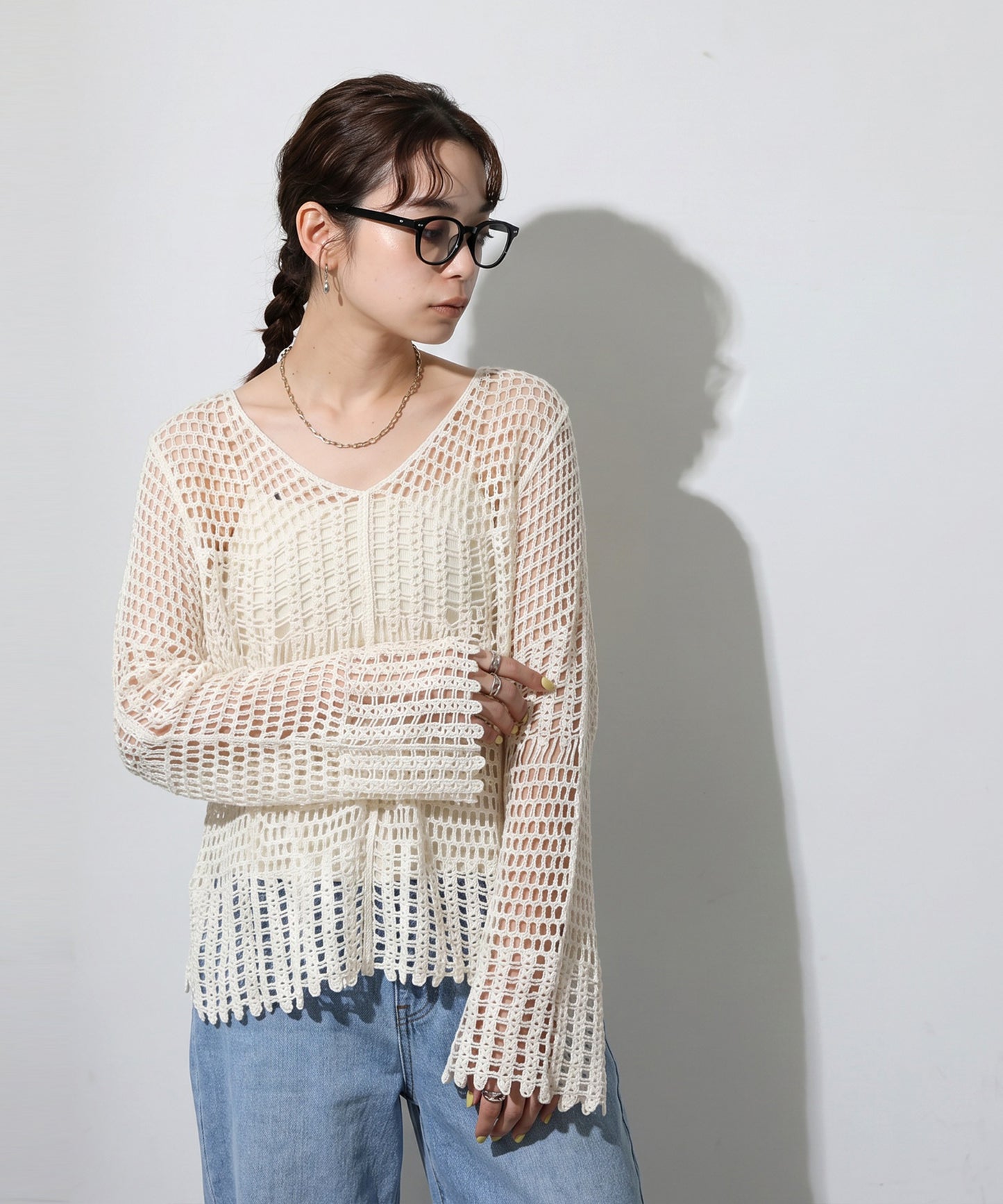 Openwork V-Neck Knit Sweater Ladies