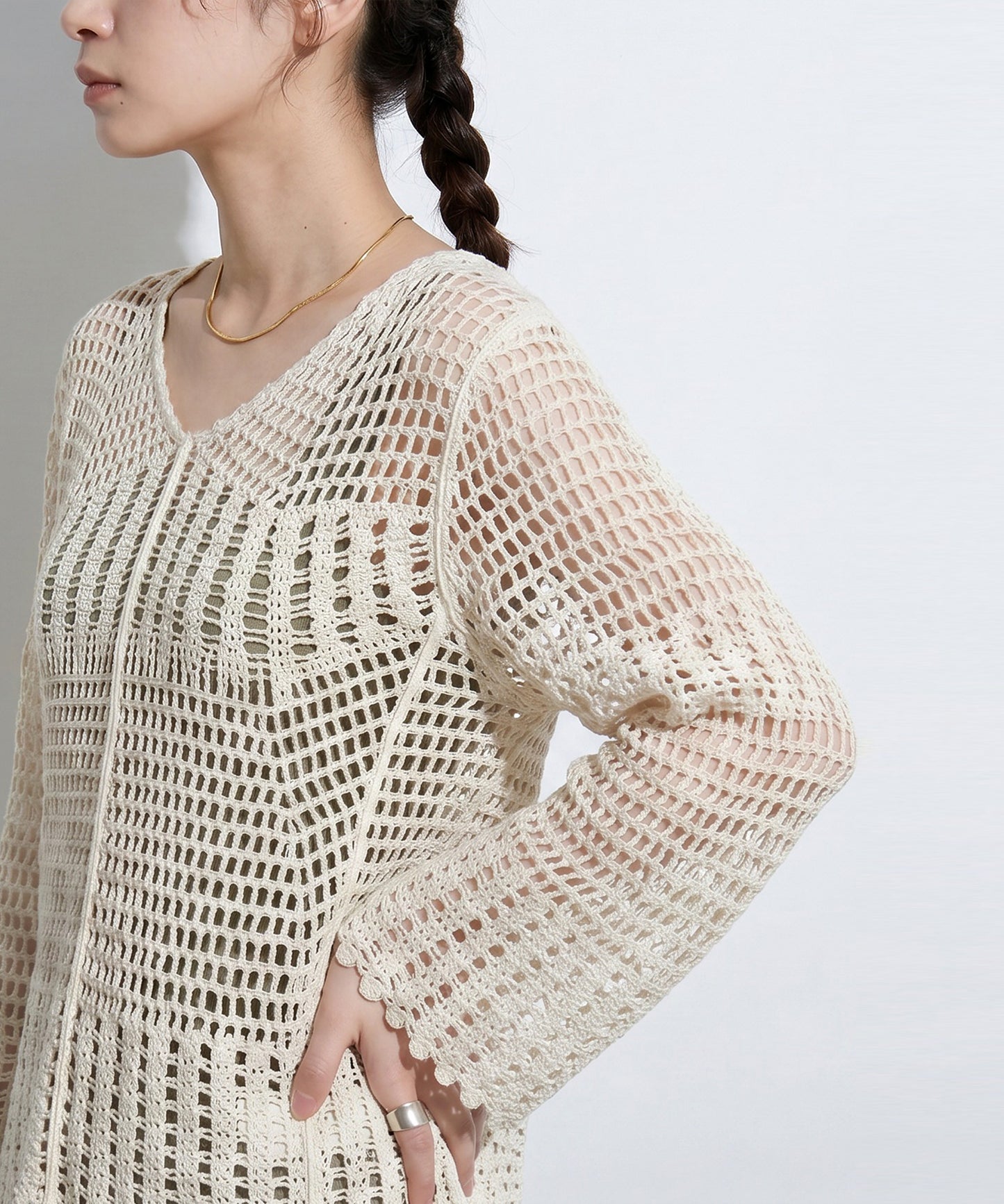 Openwork V-Neck Knit Sweater Ladies