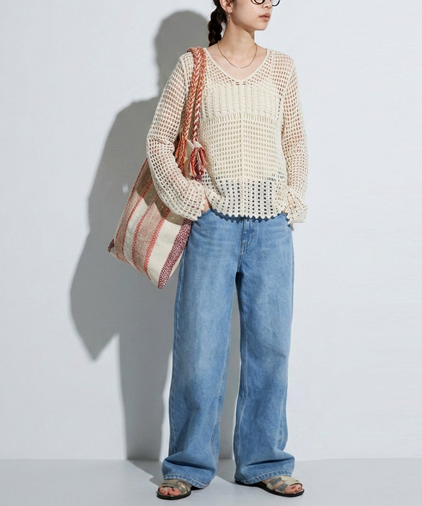 Openwork V-Neck Knit Sweater Ladies