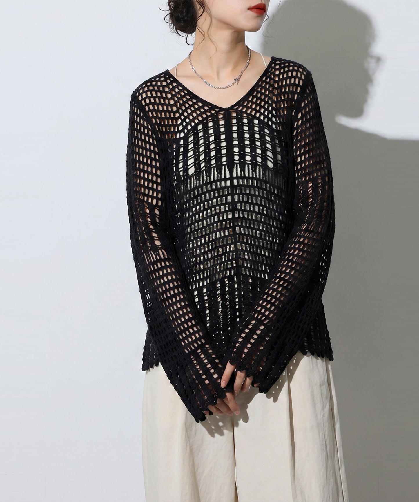 Openwork V-Neck Knit Sweater Ladies