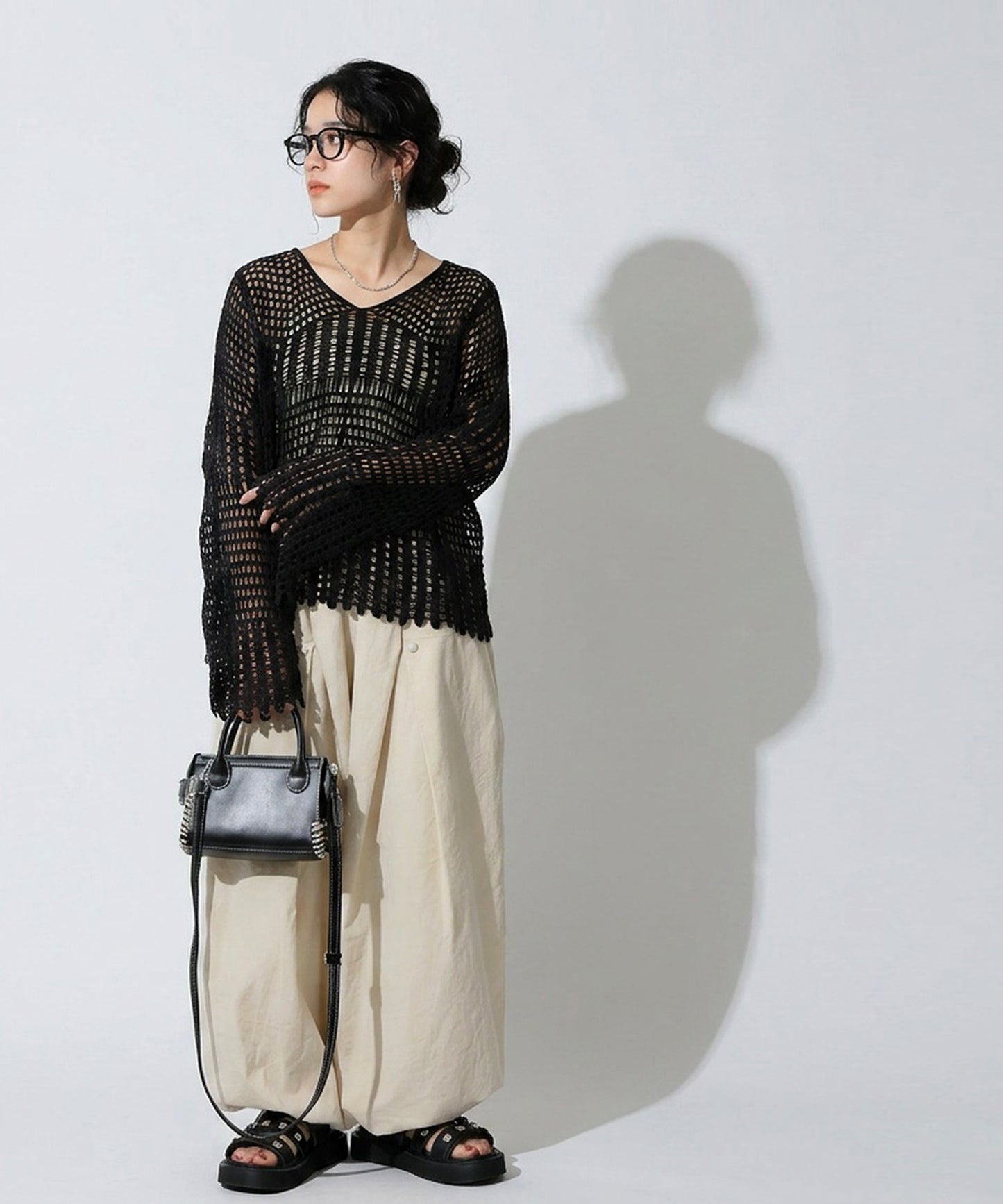 Openwork V-Neck Knit Sweater Ladies