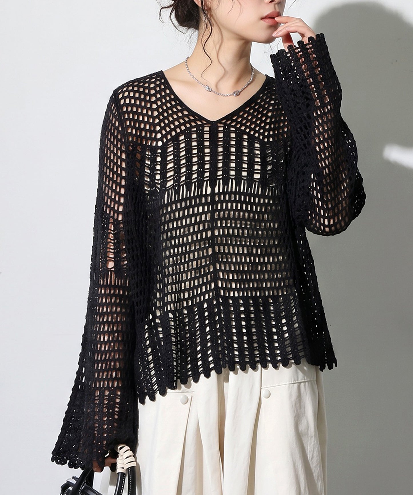 Openwork V-Neck Knit Sweater Ladies