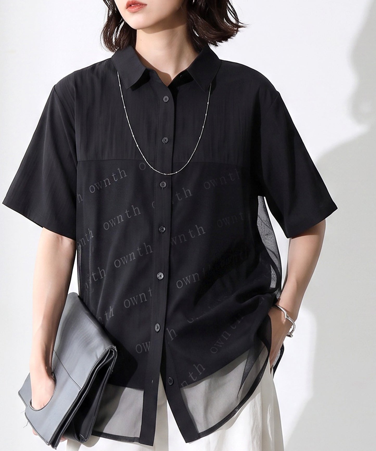 OWNth Tulle-Paneled Layered-Look Sheer Shirt Ladies
