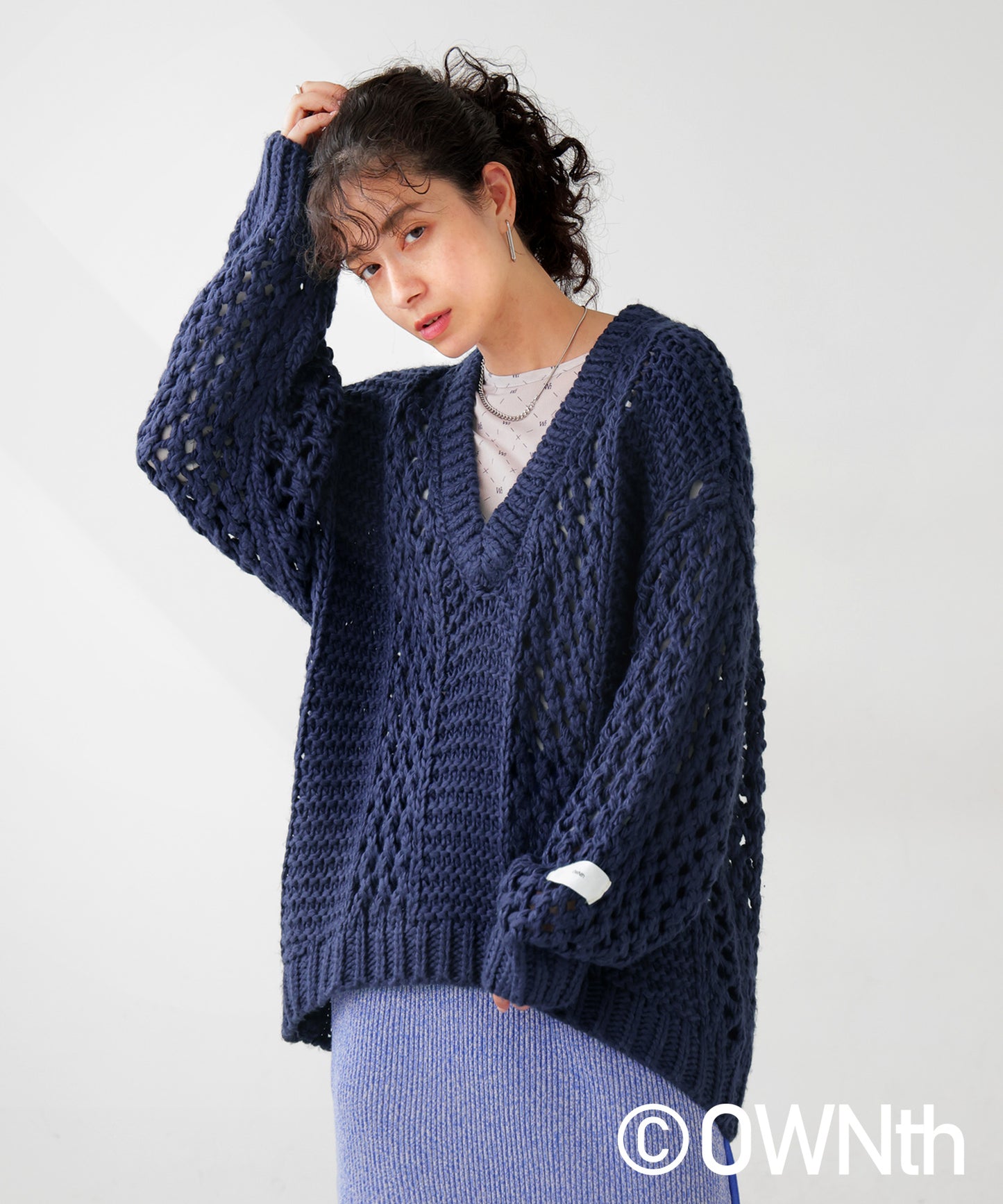 Roving yarn mesh V-neck knit Ladies