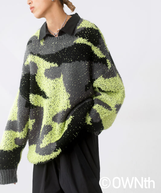 Mixed yarn crew neck Camouflage knit Unisex