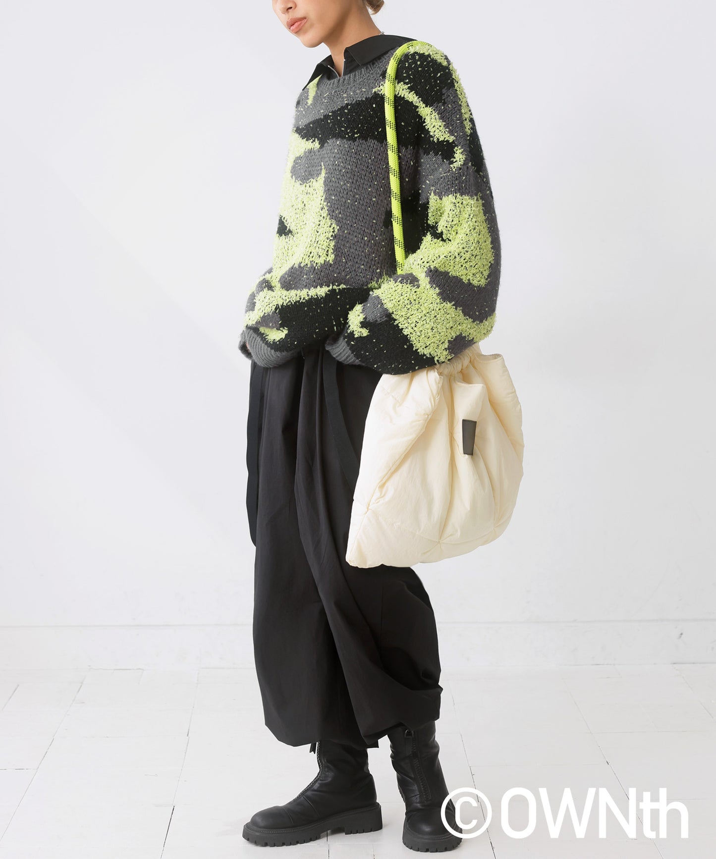 Mixed yarn crew neck Camouflage knit Unisex