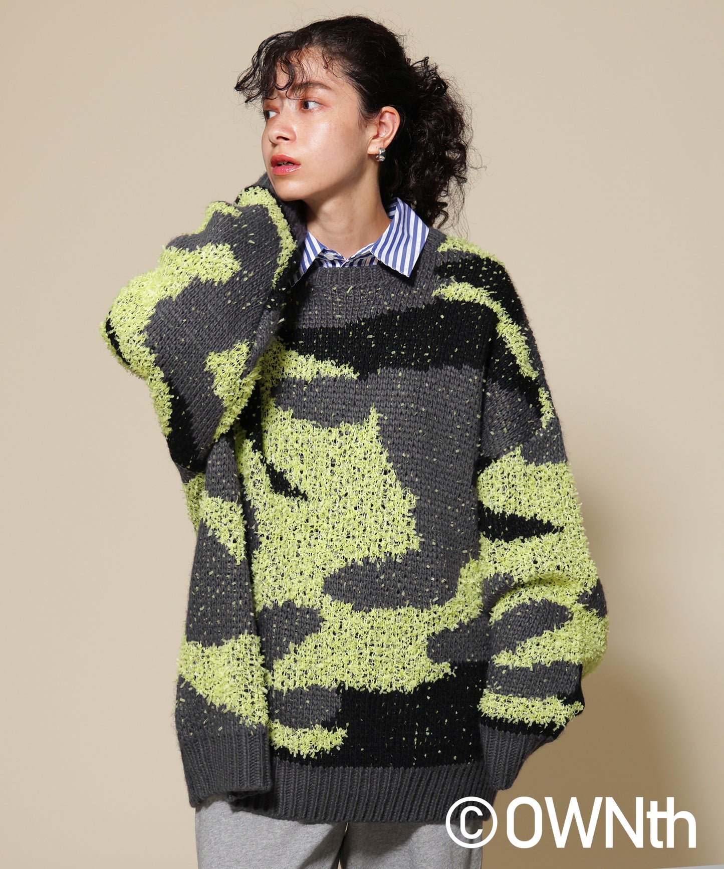 Mixed yarn crew neck Camouflage knit Unisex