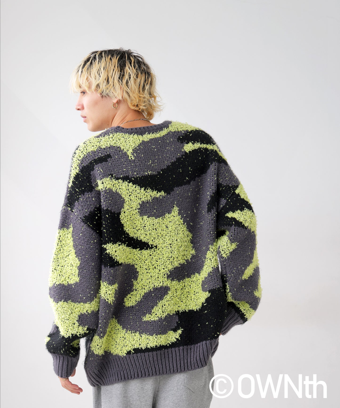 Mixed yarn crew neck Camouflage knit Unisex