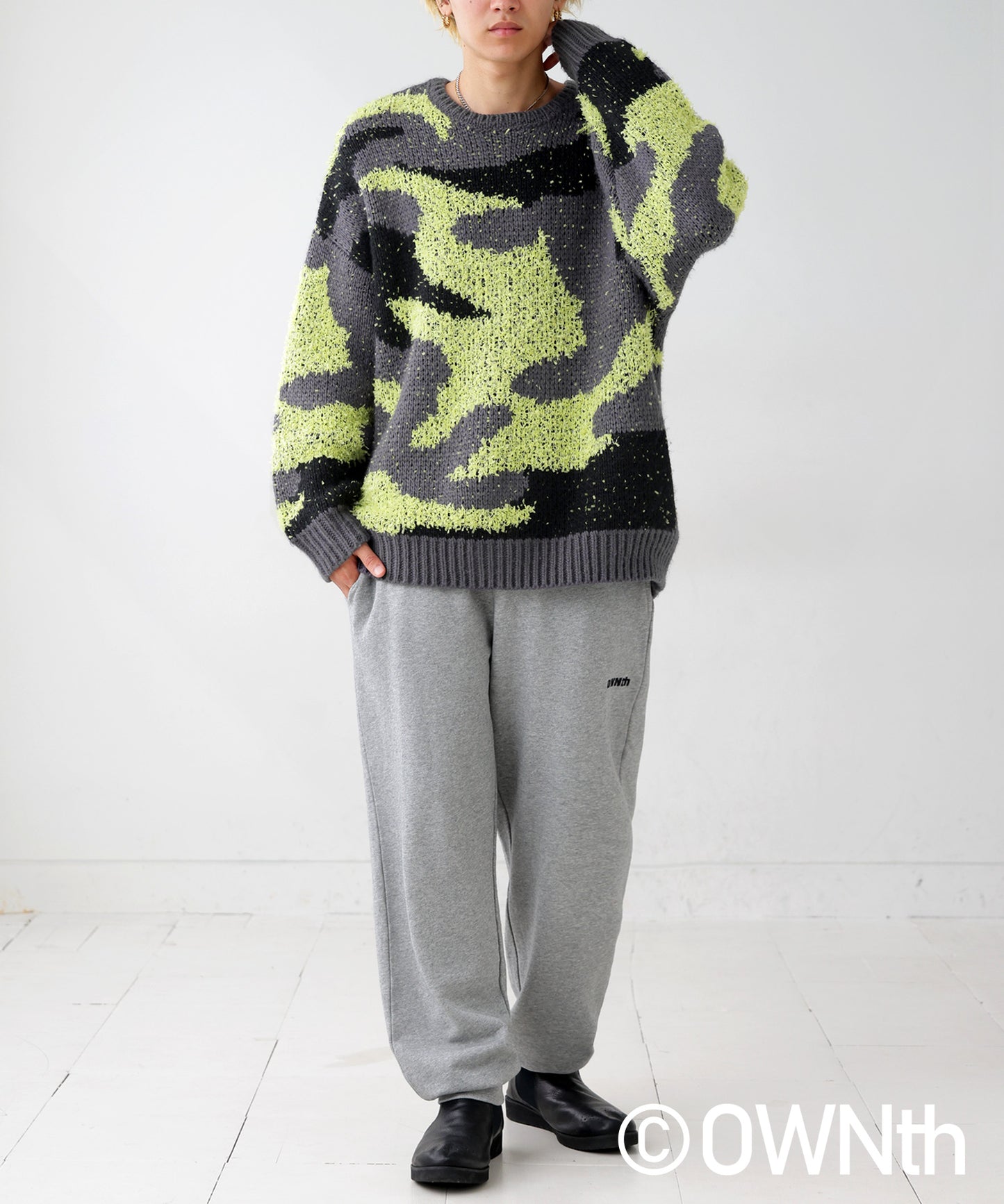 Mixed yarn crew neck Camouflage knit Unisex