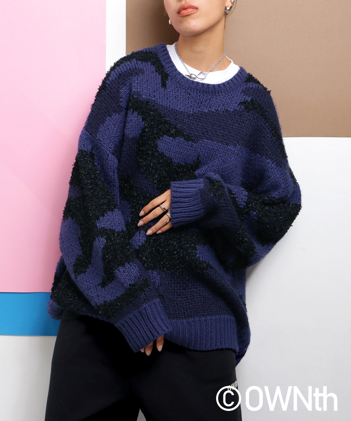 Mixed yarn crew neck Camouflage knit Unisex