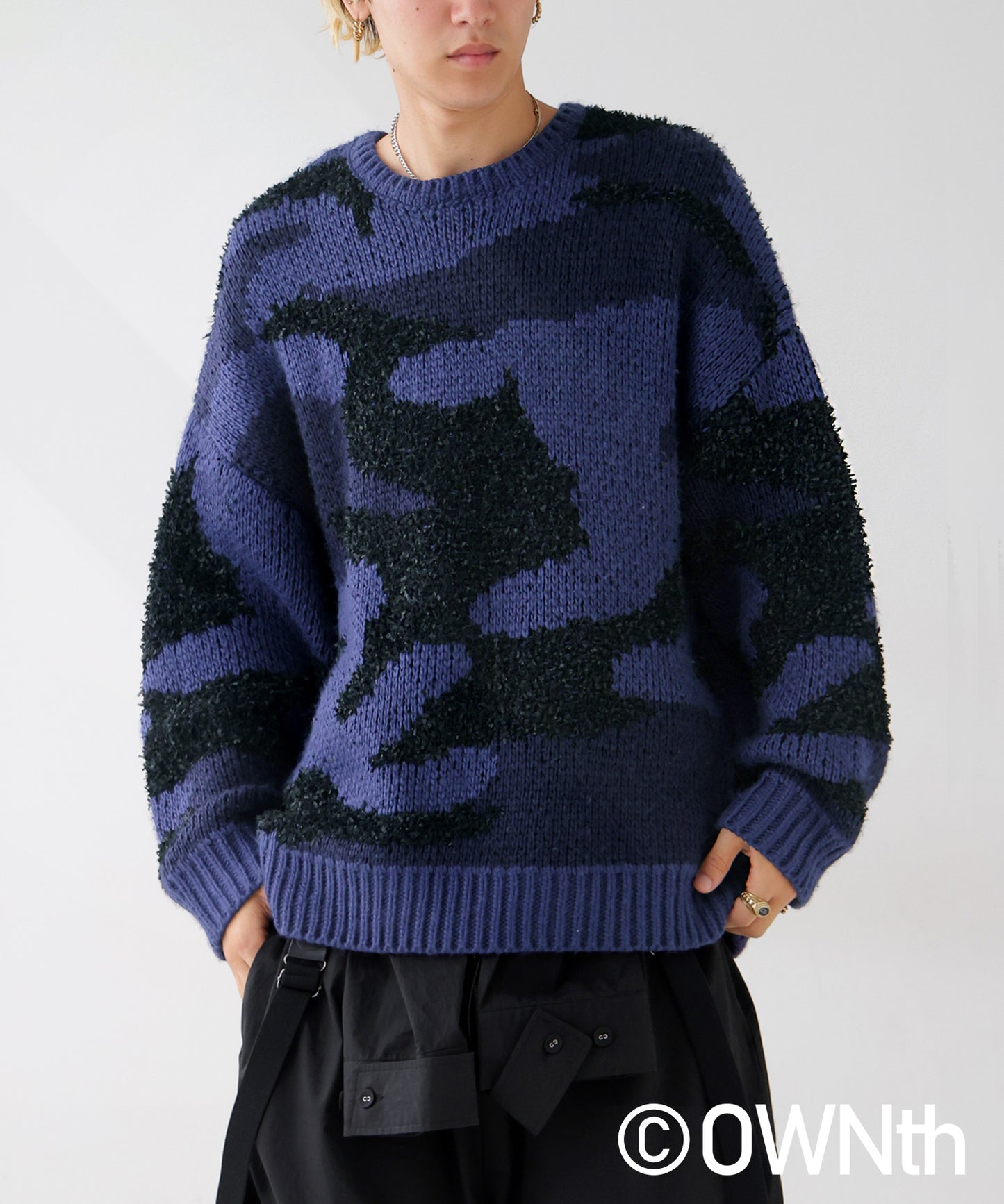 Mixed yarn crew neck Camouflage knit Unisex