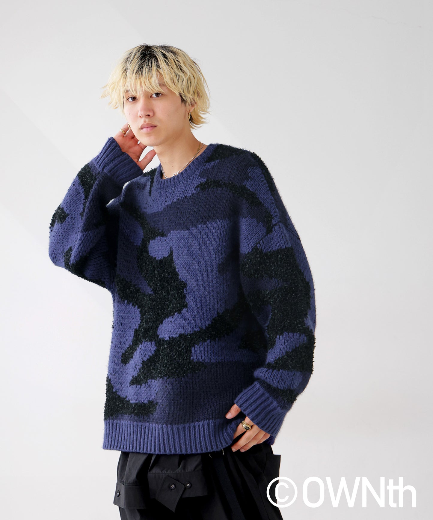 Mixed yarn crew neck Camouflage knit Unisex