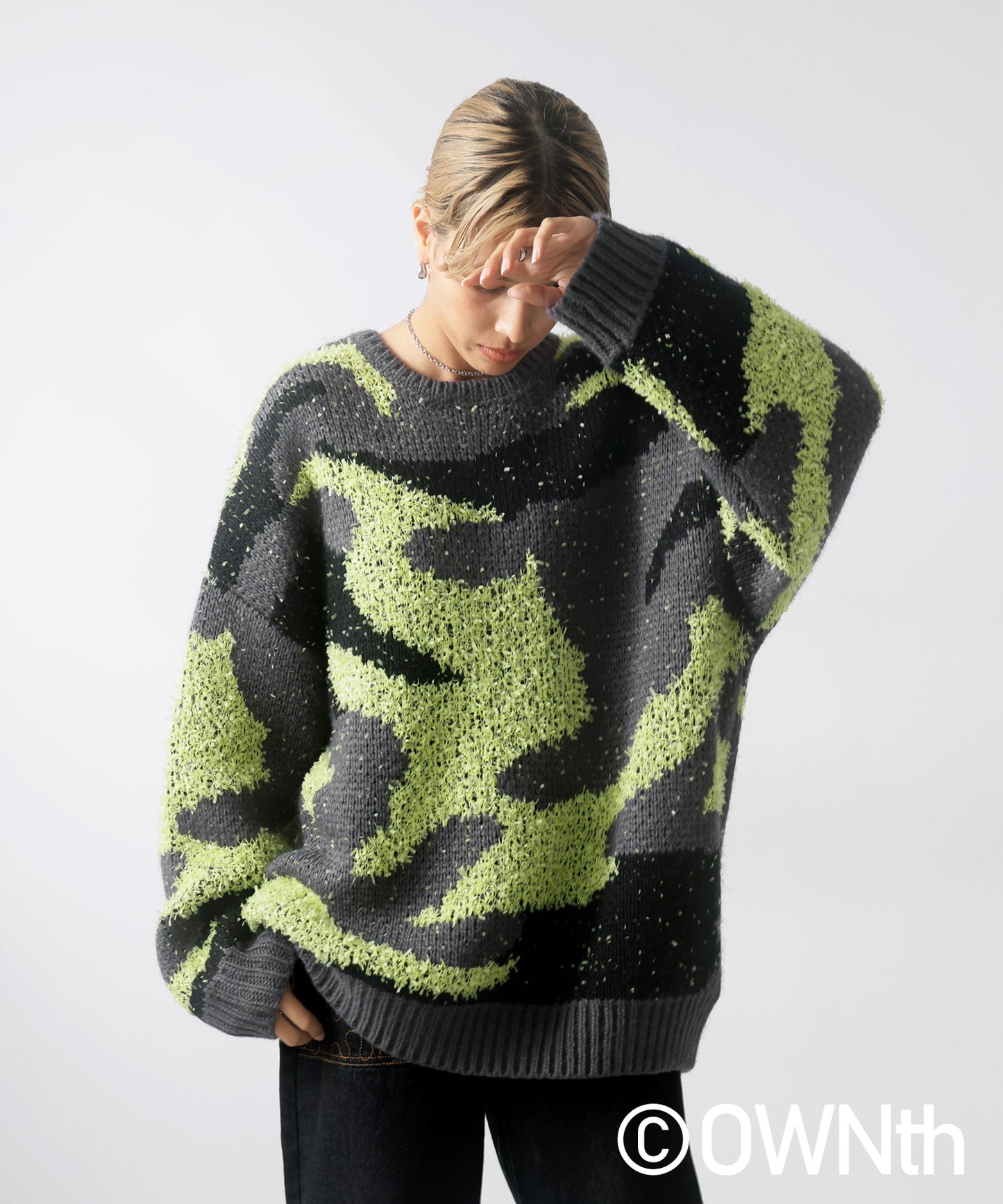 Mixed yarn crew neck Camouflage knit Unisex