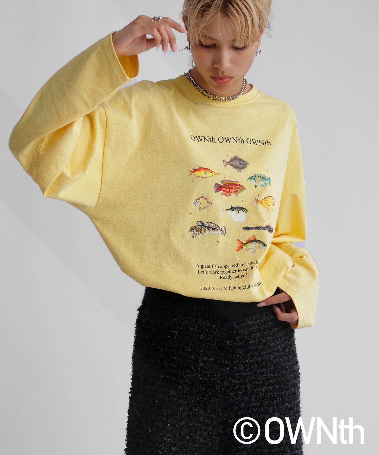 "Fishing Club Ownth" Crew Neck Long Sleeve T -Shirt Ladies