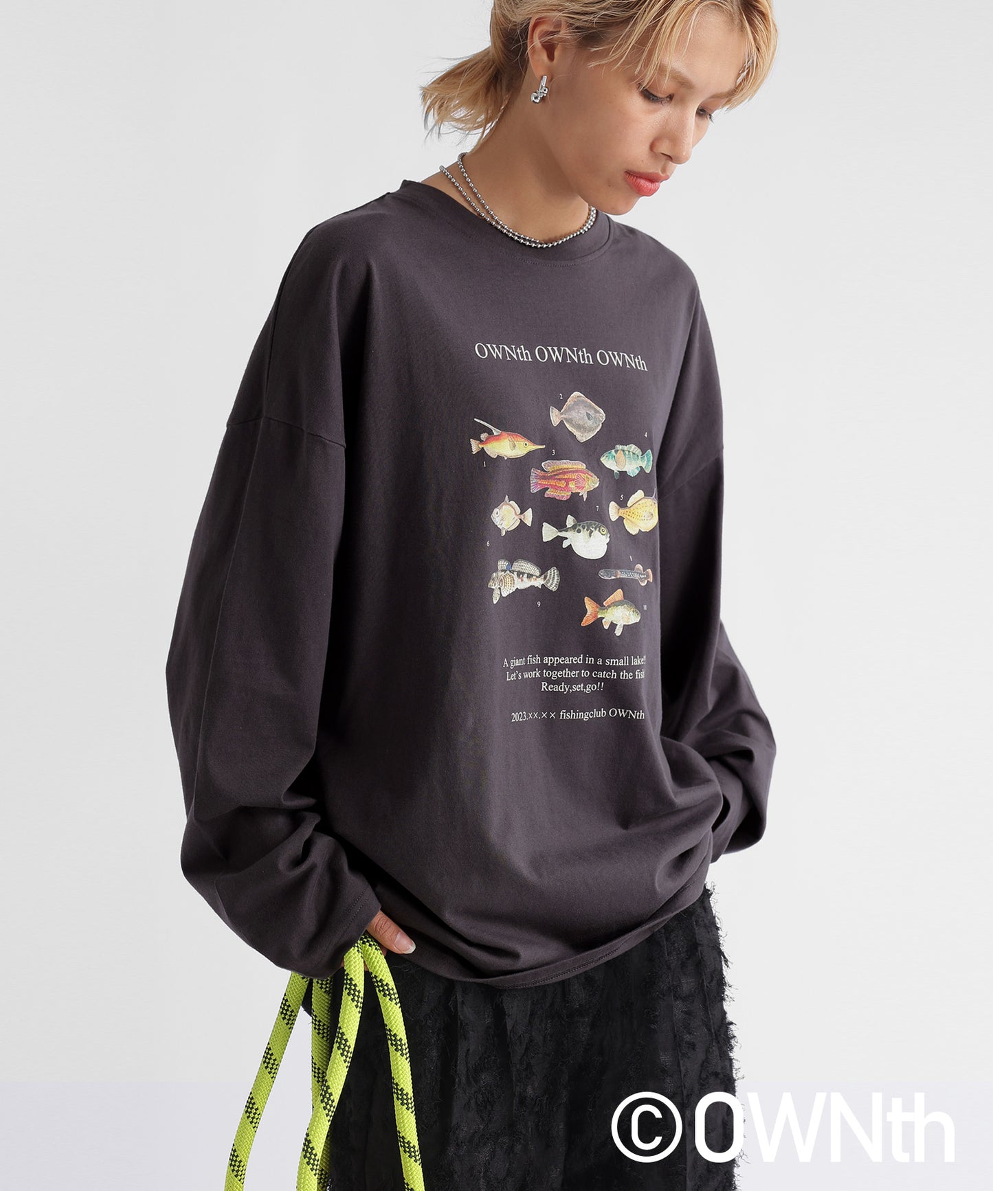 "Fishing Club Ownth" Crew Neck Long Sleeve T -Shirt Ladies