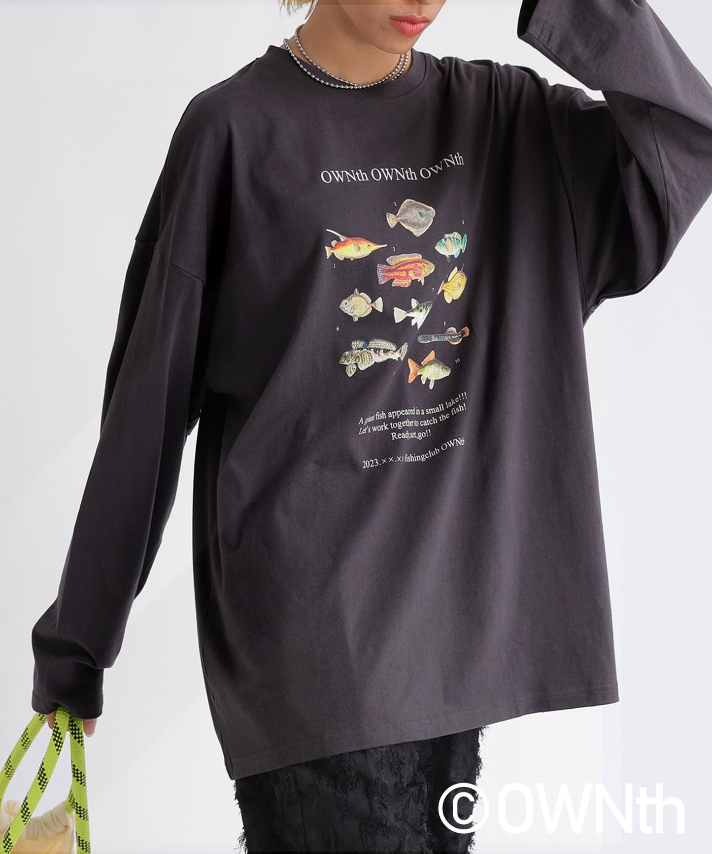 "Fishing Club Ownth" Crew Neck Long Sleeve T -Shirt Ladies