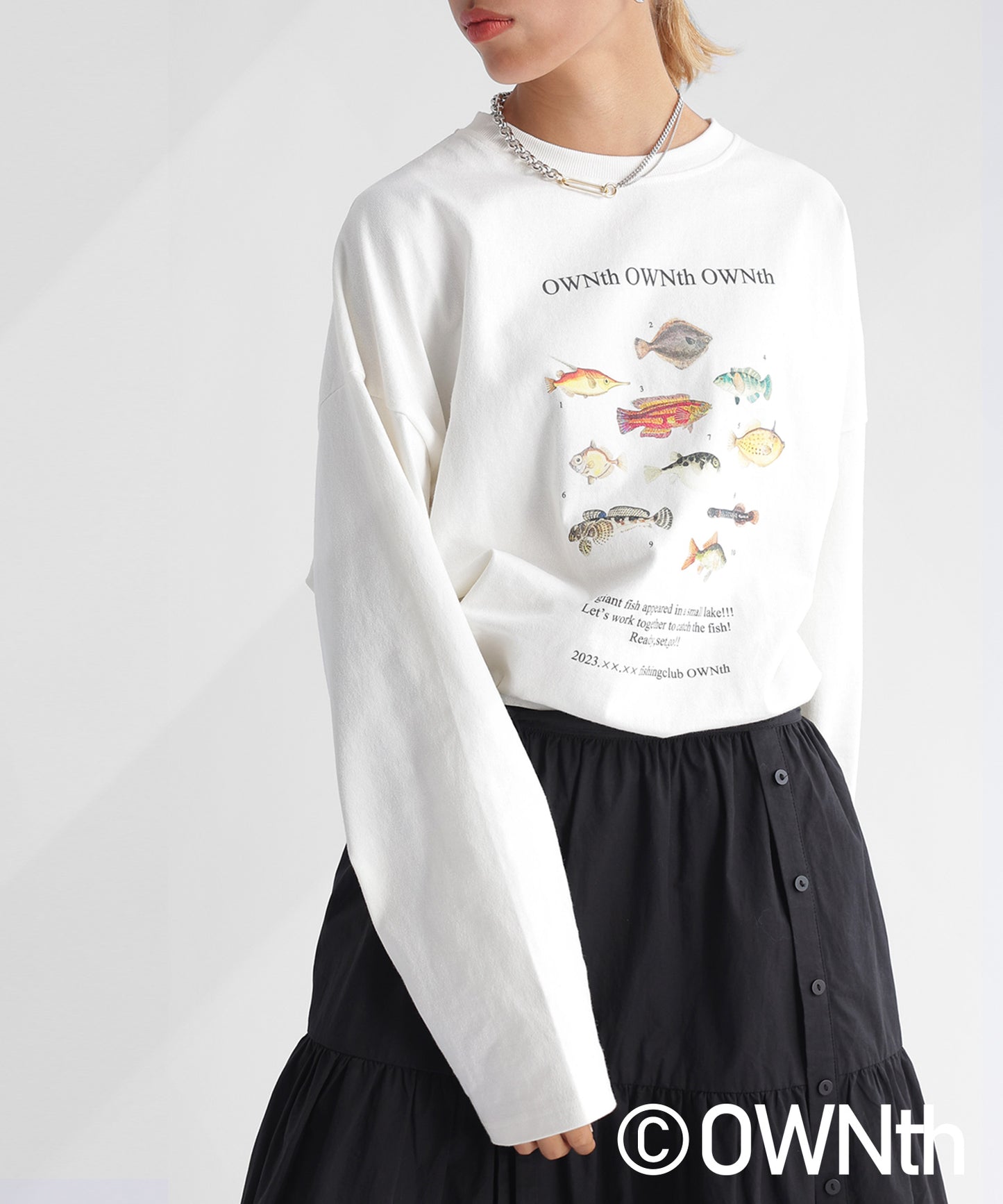 "Fishing Club Ownth" Crew Neck Long Sleeve T -Shirt Ladies