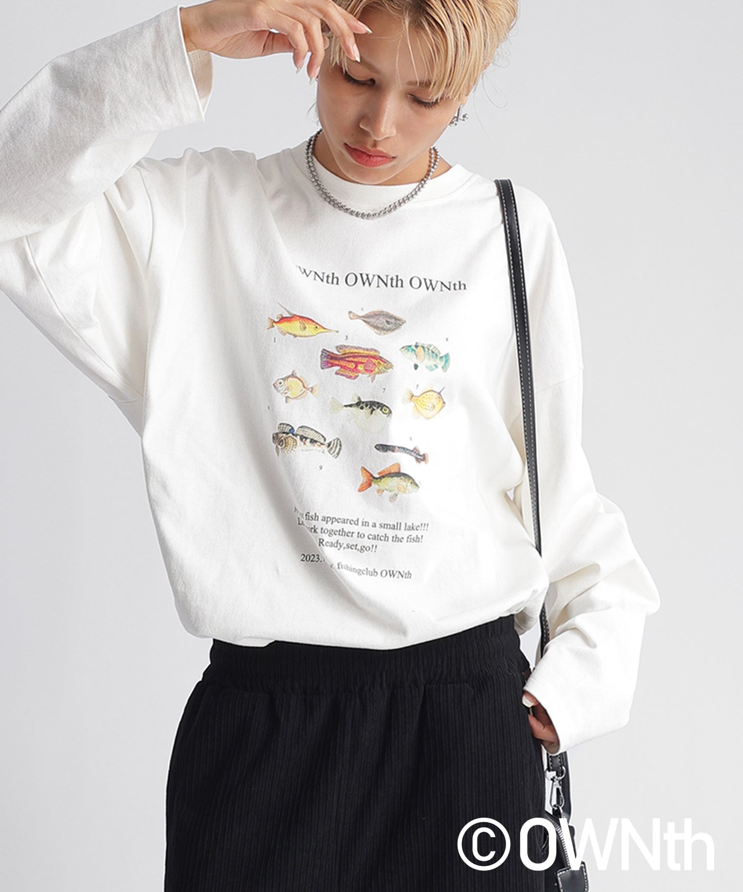 "Fishing Club Ownth" Crew Neck Long Sleeve T -Shirt Ladies