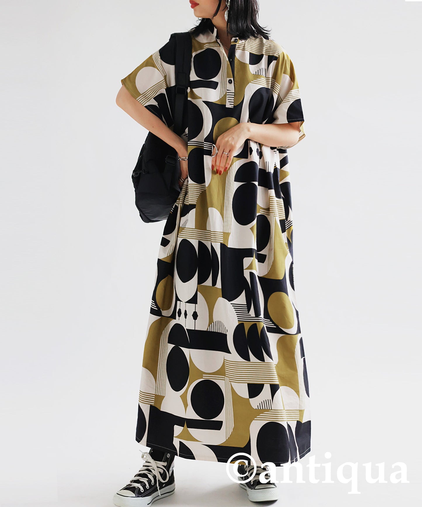 Retro pattern Ladies Long Casual dress half-sleeve